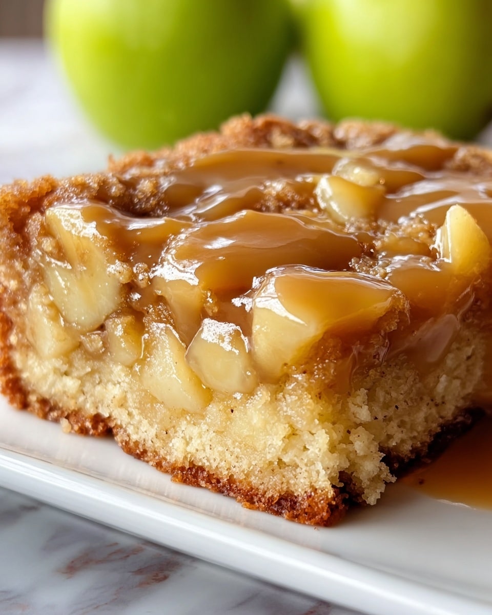 A close-up view of a thick square slice of apple cake on a white plate shows three main layers: the bottom layer is a golden brown, crumbly cake with a soft texture; the middle layer consists of small, soft, pale yellow apple chunks embedded within the cake; the top layer is a glossy, smooth, light brown caramel sauce evenly spread over the apple pieces, with the sauce reflecting light and giving a shiny look. In the background, slightly out of focus, there are two green apples sitting on a white marbled surface. photo taken with an iphone --ar 4:5 --v 7