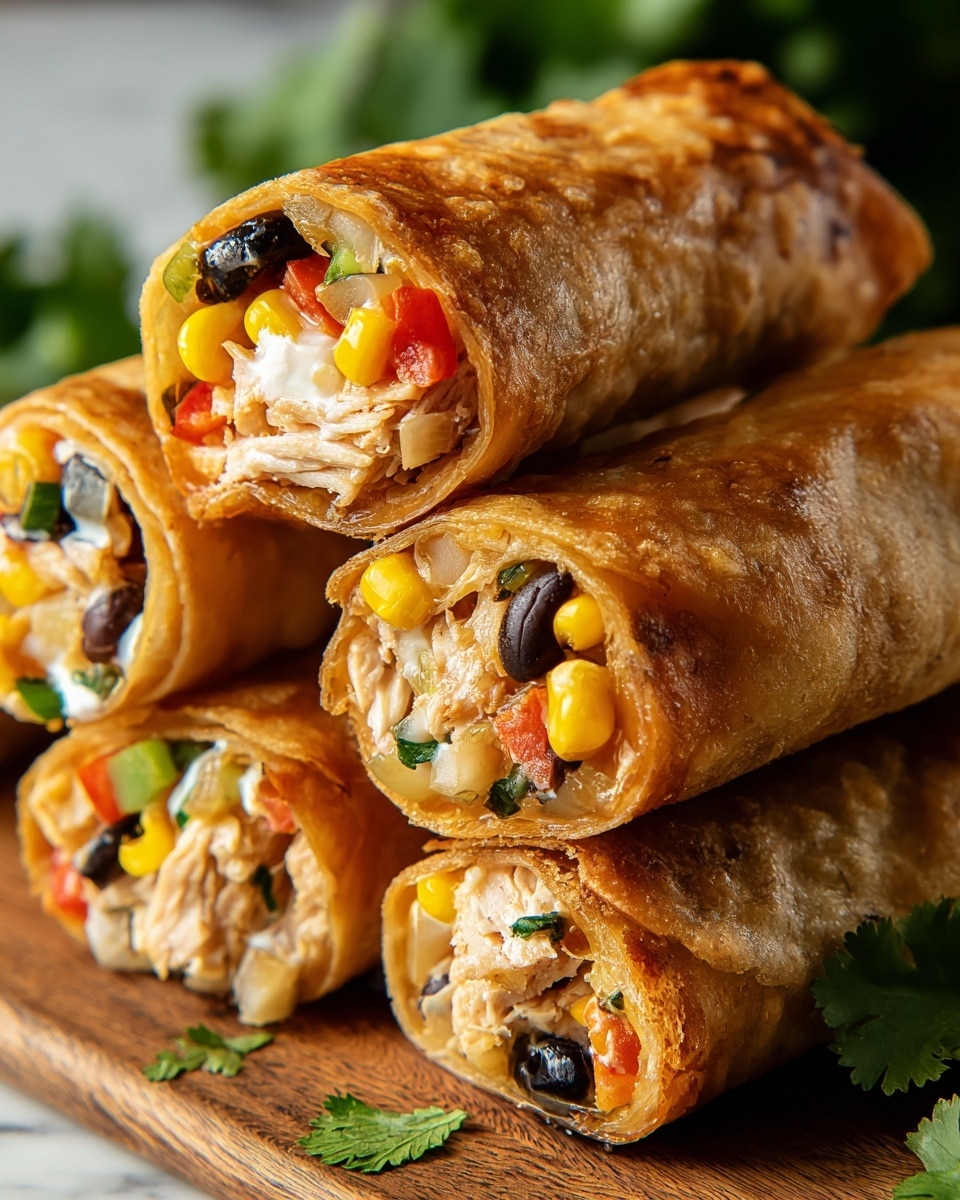 Three crispy golden-brown rolled tortillas are stacked on top of each other, each cut to show colorful filling inside. The filling has many layers: black beans, bright yellow corn, chopped red bell peppers, bits of green herbs, and melted creamy cheese, mixed with shredded chicken that adds texture. The tortillas have a bubbly, crunchy texture outside, and the green herbs are scattered lightly around on the white marbled surface. The image is close up and focused on the front tortilla, showing the rich inside layers clearly. Photo taken with an iphone --ar 4:5 --v 7