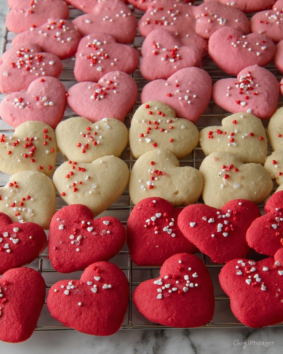 The image shows a large group of heart-shaped cookies in three different colors arranged closely on a cooling rack. The top layer is made of pink cookies with a smooth surface and small white and red sprinkles. Below that, there is a middle layer of cream-colored cookies with a light texture and similar red and white sprinkles. At the bottom layer, there are red cookies with a slightly shiny surface and white heart-shaped sprinkles. The cookies are on a white marbled textured surface. photo taken with an iphone --ar 4:5 --v 7