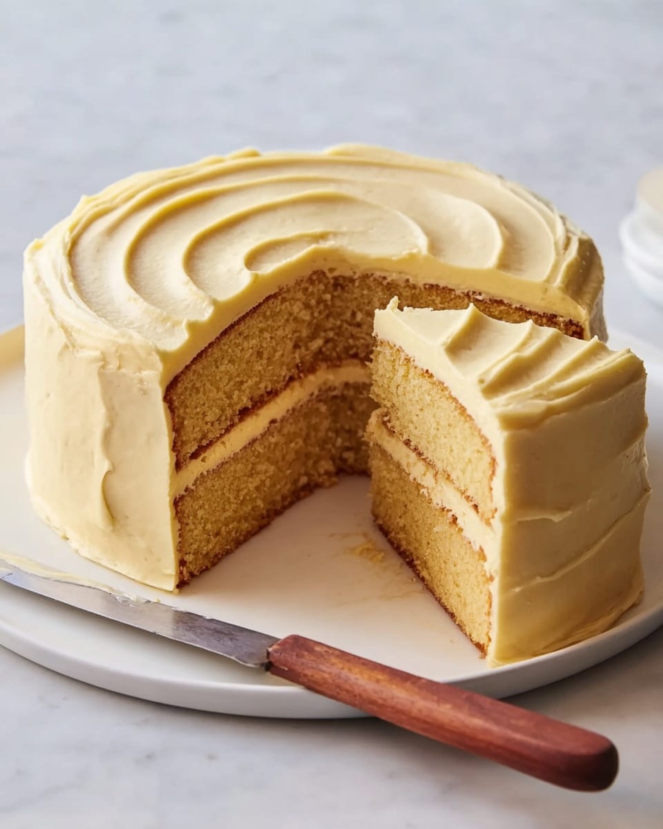 A two-layer round cake sits on a white plate, with one slice missing to show the inside. The cake layers are golden brown and look soft and moist. Between the layers and covering the outside, there is smooth pale yellow frosting, with simple swirled patterns on the top and sides. A knife with a wooden handle rests beside the cake on the white marbled surface. photo taken with an iphone --ar 4:5 --v 7