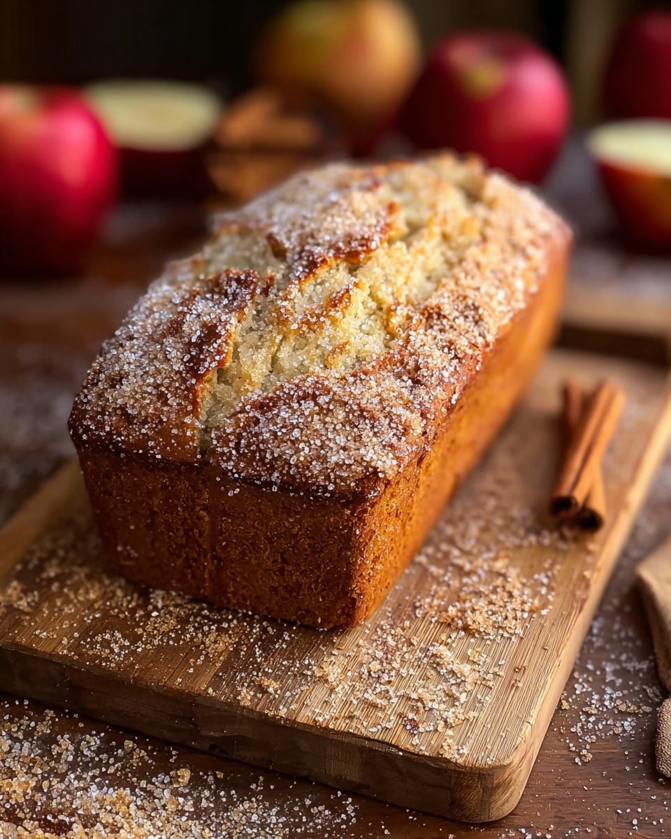A loaf of bread with a golden brown crust is shown on a wooden cutting board. The crust has a rough texture with large sugar crystals sprinkled all over, giving a sparkling effect. The loaf appears soft inside with a light yellow color visible through cracks on top. Around the board are some scattered grains of sugar, blurred red apples, and a cinnamon stick in the background, with a soft warm light enhancing the cozy atmosphere. Photo taken with an iphone --ar 4:5 --v 7