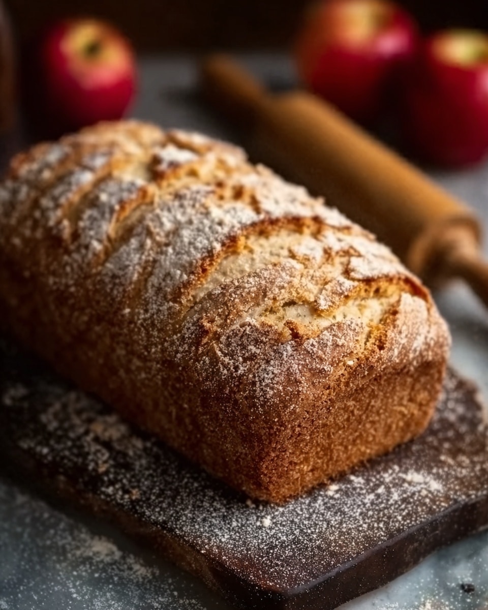 A freshly baked loaf of bread with a golden-brown crust sits on a dark wooden board dusted with flour, highlighting its rustic texture. The loaf has a slightly rough surface with visible cracks and a soft interior peeking through at the ends. In the background, blurred red apples and a wooden rolling pin add a cozy, warm feel. The whole scene rests on a white marbled surface. photo taken with an iphone --ar 4:5 --v 7