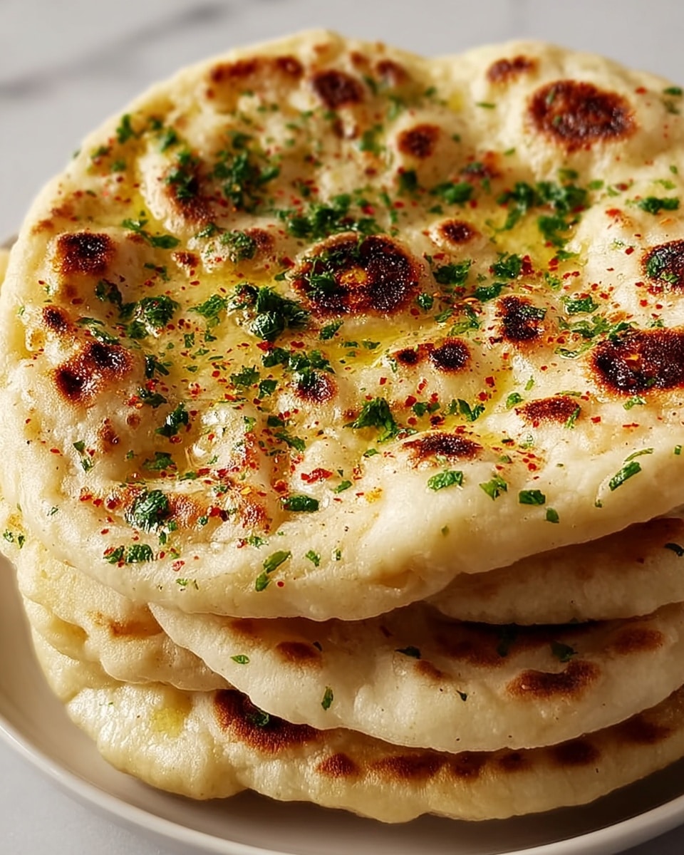 A stack of four round flatbreads rests closely together, each layer showing a light golden-brown cooked surface with small, darker toasted spots scattered unevenly. The top flatbread is brushed with melted butter which glistens, and sprinkled with finely chopped green herbs and red spices that add color contrast. The texture appears soft and slightly puffy with uneven edges, giving a homemade feel. The entire stack sits on a white plate against a white marbled background. photo taken with an iphone --ar 4:5 --v 7