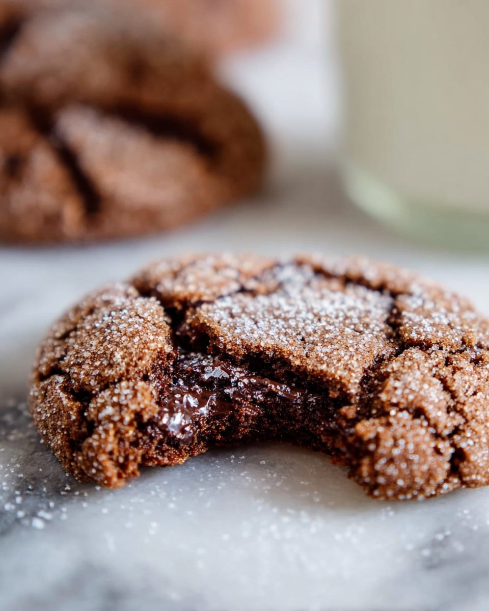 The image shows a close-up of a cracked chocolate cookie with a bite taken out, placed on a white marbled surface. The cookie has a rough, crunchy texture with a dusting of sugar and cinnamon on top, giving it a light brown and sugary appearance. Inside, the cookie is soft and gooey, with dark melted chocolate visible. Another whole cookie lies blurred in the background, emphasizing the main cookie's detailed texture. Photo taken with an iphone --ar 4:5 --v 7