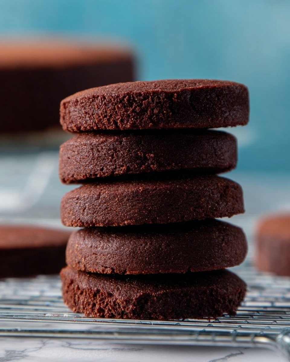 A stack of four thick, round chocolate cookies with a dense and slightly crumbly texture, each cookie dark brown and evenly shaped, sits on a wire cooling rack. The cookies are neatly piled with slight gaps between them, showing their firm edges. In the background, a blurred whole chocolate cake is visible. The surface below is a white marbled texture and the background has a soft blue tone. Photo taken with an iphone --ar 4:5 --v 7