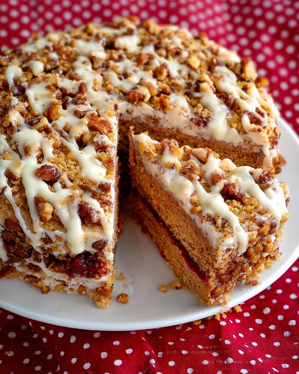 A round cake on a white plate with one slice missing, showing a thick light brown base layer with a red filling layer near the bottom, topped by a crumbly layer covered with chopped walnuts and drizzled white icing. The cake’s top texture is rough and nutty with varying shades of brown and cream. The plate sits on a red cloth with white polka dots. photo taken with an iphone --ar 4:5 --v 7