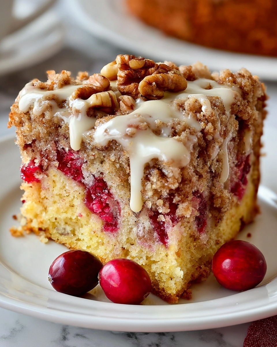 A close-up of a single slice of crumb cake with visible layers on a white plate, resting on a white marbled surface. The bottom layer is a dense yellow cake with bright red cranberry pieces embedded throughout. Above this is a thick crumbly brown streusel layer topped with a glossy white glaze dripping down the sides. Scattered walnut halves sit on top of the crumb layer, adding texture and color contrast. Three fresh cranberries are placed near the slice on the plate. The photo was taken with an iphone --ar 4:5 --v 7