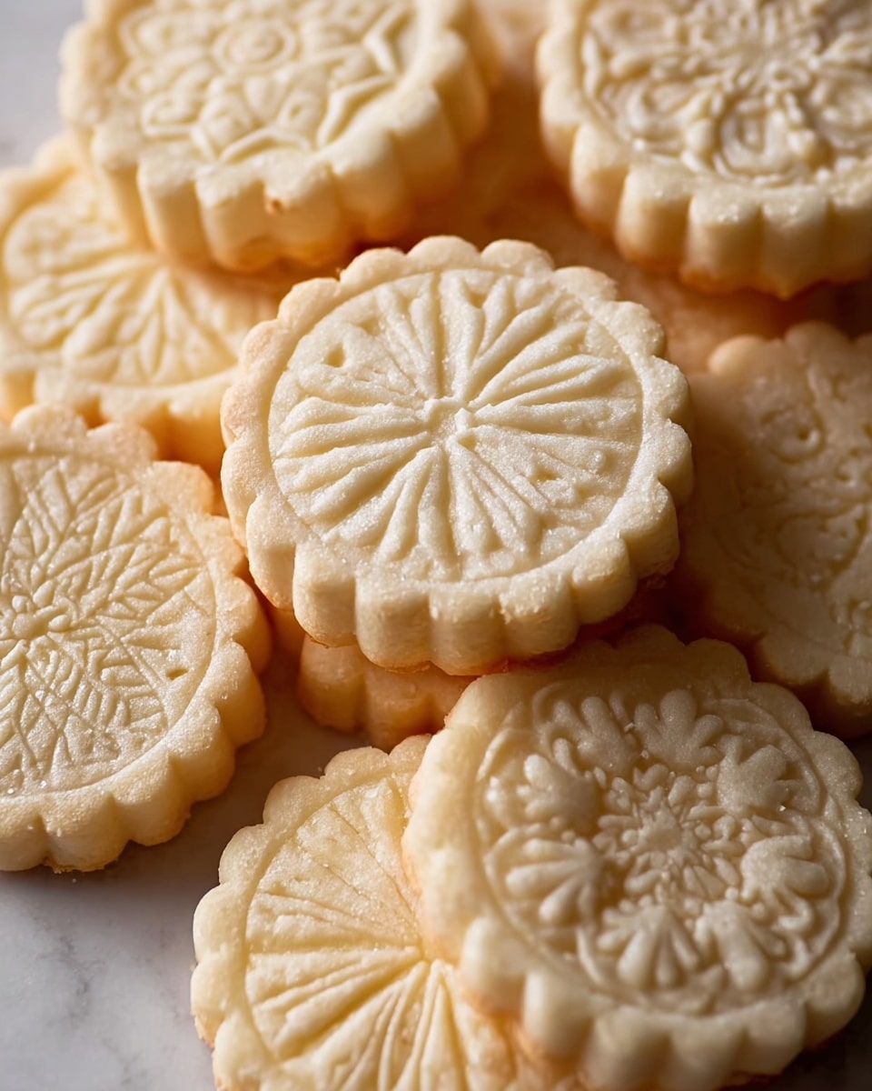 A close-up view of several round cookies stacked together on a white marbled surface, each cookie having a scalloped edge and a pale golden color. The cookies show detailed embossed patterns on top, varying from floral designs to geometric shapes, creating a delicate textured surface on each one. There appear to be no layers inside the cookies, just a single thick piece, with some cookies slightly overlapping others. The lighting highlights the fine details and soft texture of the baked dough. photo taken with an iphone --ar 4:5 --v 7