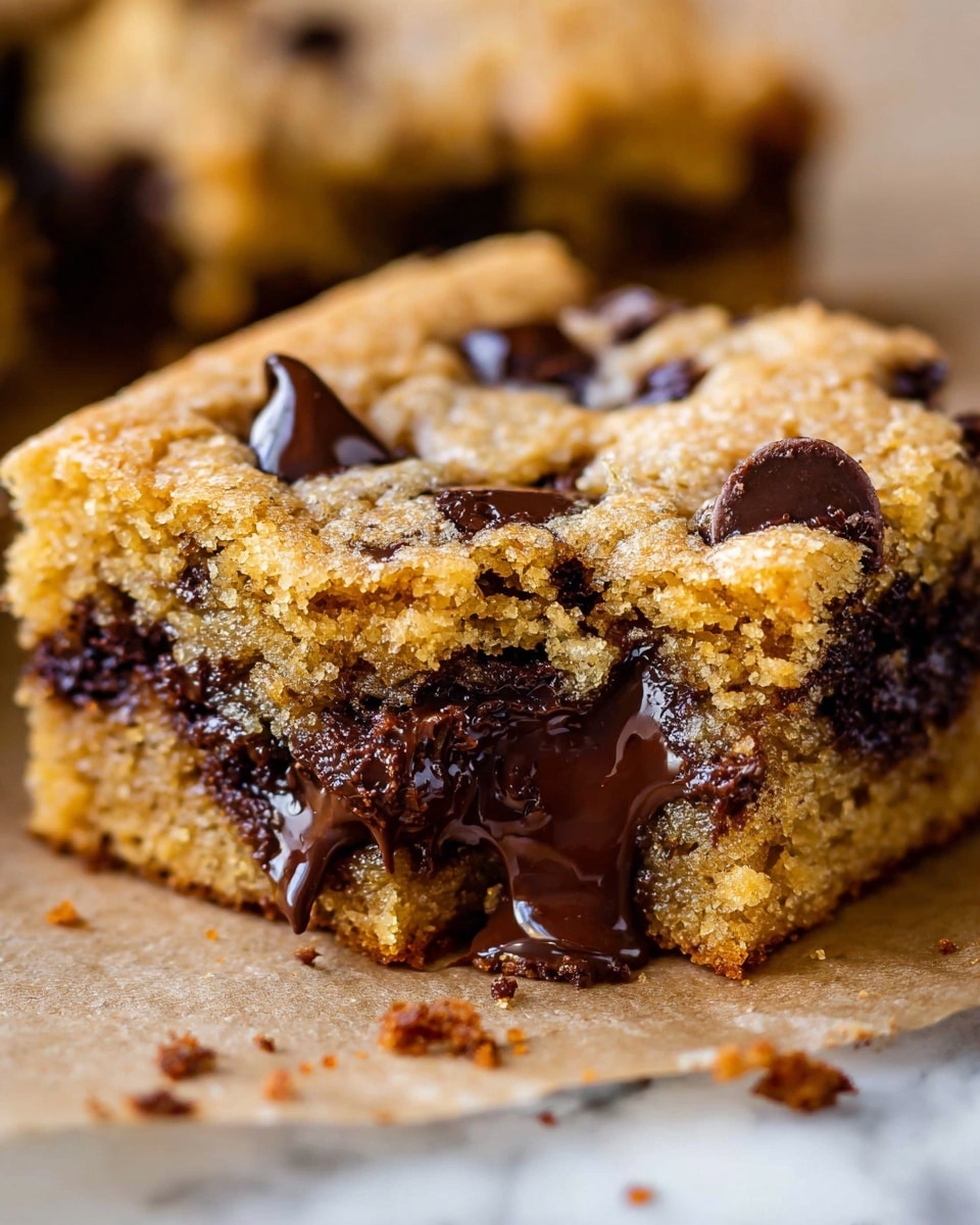 A close-up of a square piece of golden brown cookie with a soft, crumbly texture, filled with melted dark chocolate chunks that shine and drip slightly. The top layer is thick and firm with visible dark chocolate pieces embedded, while the middle and bottom layers show a moist, dense, and slightly crumbly inside with more melted chocolate oozing out. It rests on light brown parchment paper on a white marbled surface with slight crumbs around it. Photo taken with an iphone --ar 4:5 --v 7