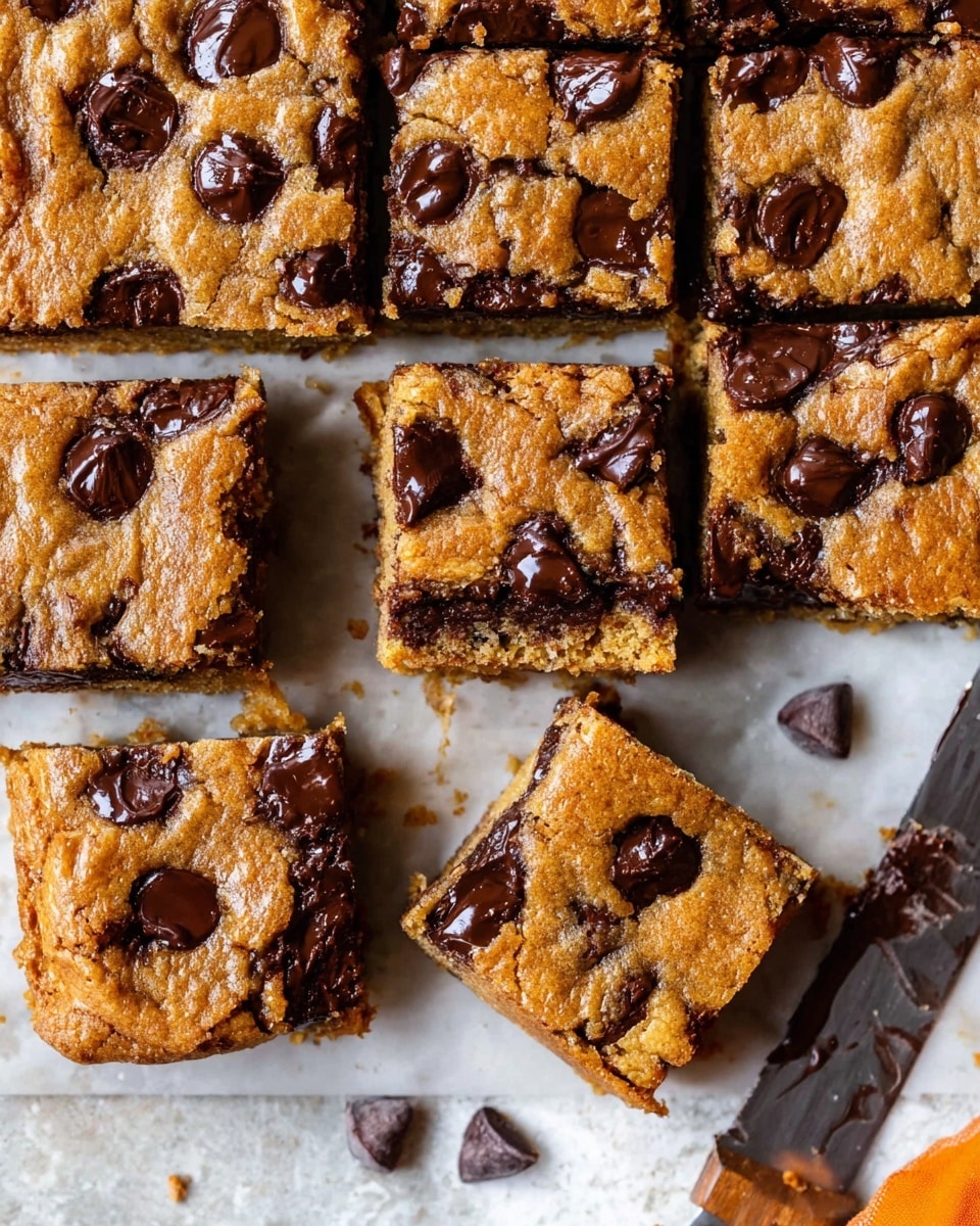 The image shows a close-up view of a tray of chocolate chip cookie bars cut into nine square pieces on a white marbled textured surface. Each cookie bar has a golden-brown baked layer studded generously with dark chocolate chips that are slightly melted, giving a glossy texture. The cookie bars have a soft and moist texture with slightly cracked tops, revealing the chewy interior. There are scattered chocolate chips and crumbs around the tray, along with a knife smeared with melted chocolate beside the bars. Photo taken with an iphone --ar 4:5 --v 7