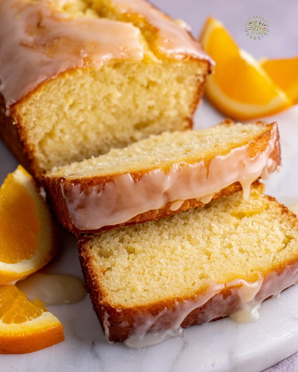A loaf of orange cake is sliced, showing two thick, soft yellow layers with a glossy, light orange glaze in between and on top. The cake crust has a light brown color, and the glaze drips slightly down the sides. The slices rest on a white marbled surface, with a few bright orange slices placed nearby, adding a fresh look and a pop of orange color. The texture of the cake looks moist and tender, with a smooth, shiny glaze that contrasts the crumbly inside. Photo taken with an iphone --ar 4:5 --v 7