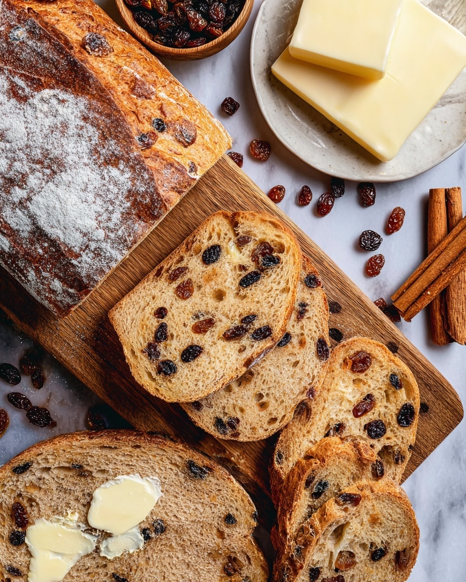 The image shows a loaf of raisin bread partly sliced on a wooden board. There are four slices visible, each with a light brown interior dotted with many dark raisins, the crust is golden brown with a dusting of white flour. One slice has some butter spread unevenly, melting into the bread. Nearby, a small white plate holds two thick slices of pale yellow butter. Cinnamon sticks and loose raisins are scattered around the board, adding a warm, rustic feel. The background is a white marbled texture. photo taken with an iphone --ar 4:5 --v 7
