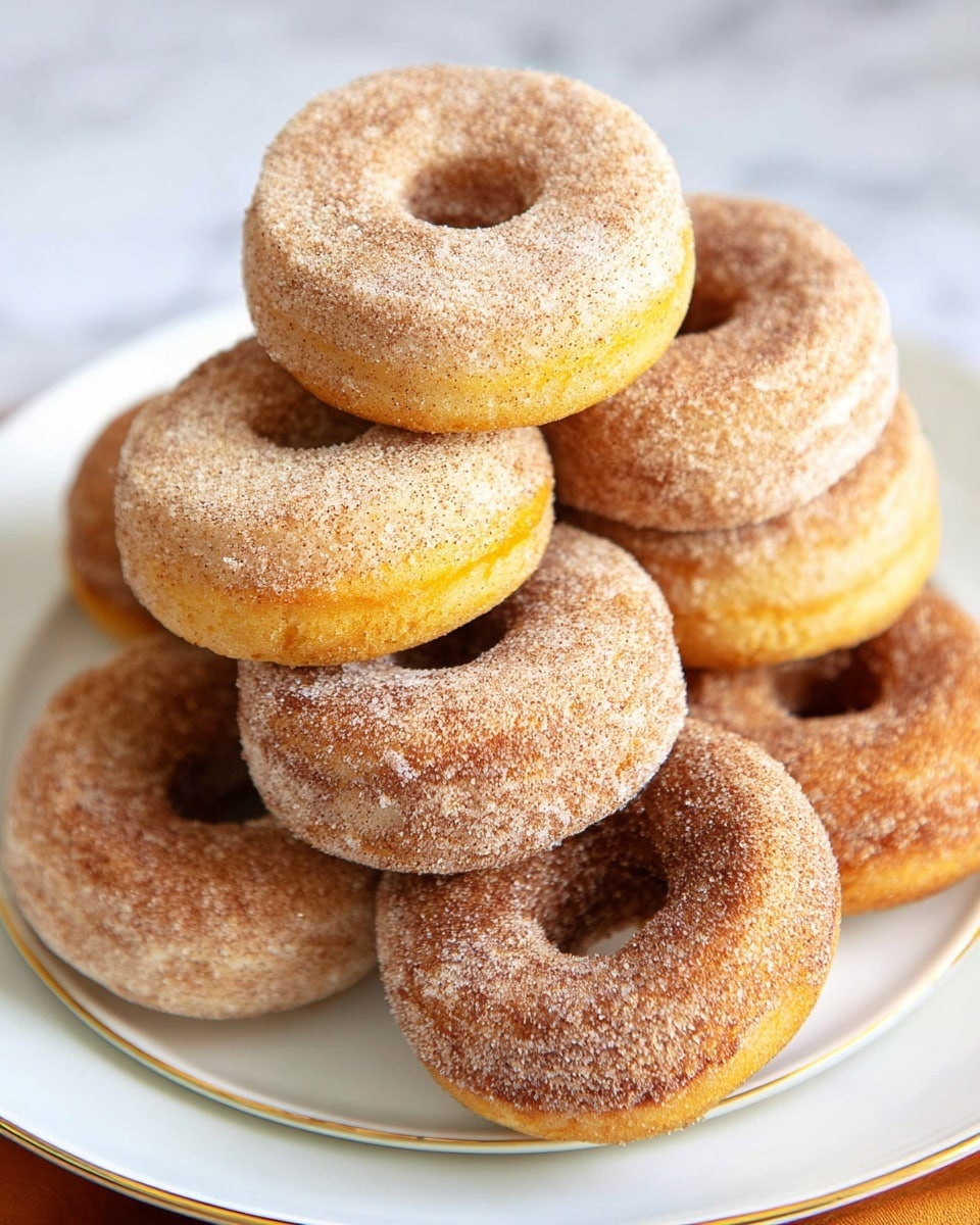 A stack of nine round donuts with a clear hole in the center sits piled on a white plate with a thin gold rim, placed on a white marbled surface. Each donut has two layers: the bottom layer is golden yellow and soft textured, while the top layer is coated in a cinnamon sugar mix, giving it a light brown, grainy surface that covers the whole top half of each donut. The donuts are stacked casually, some leaning on others, showing their round shape and sugar coating clearly. Photo taken with an iphone --ar 4:5 --v 7
