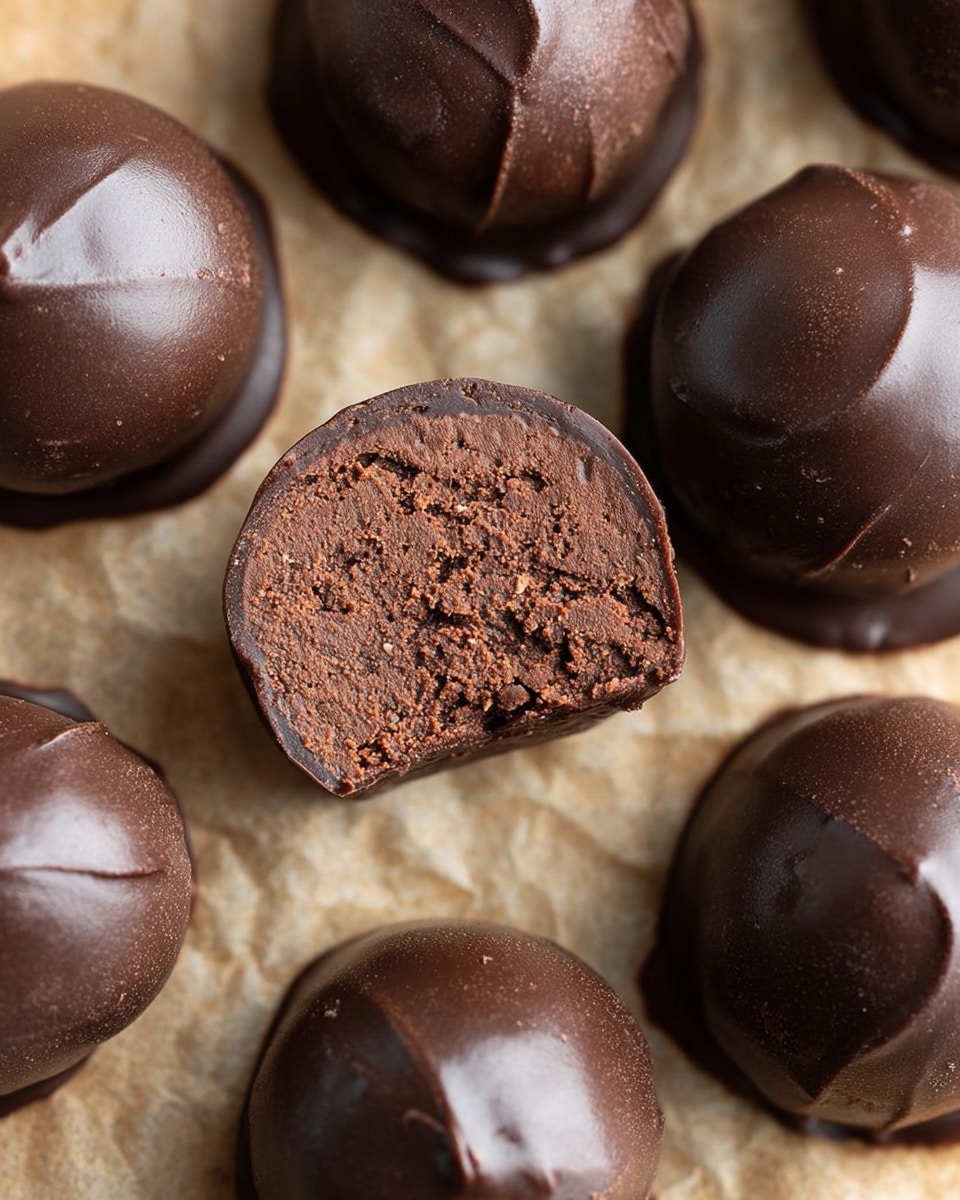 The image shows round chocolate truffles with a smooth, shiny dark chocolate outer layer. Some truffles are whole, with a glossy and slightly uneven surface, while others are cut in half, revealing a dense, textured inside layer of milk chocolate filling that looks creamy and slightly crumbly. The truffles rest directly on a light brown parchment paper, which contrasts with the dark brown chocolates. The overall presentation is simple, focusing on the rich textures and colors of the truffles. photo taken with an iphone --ar 4:5 --v 7