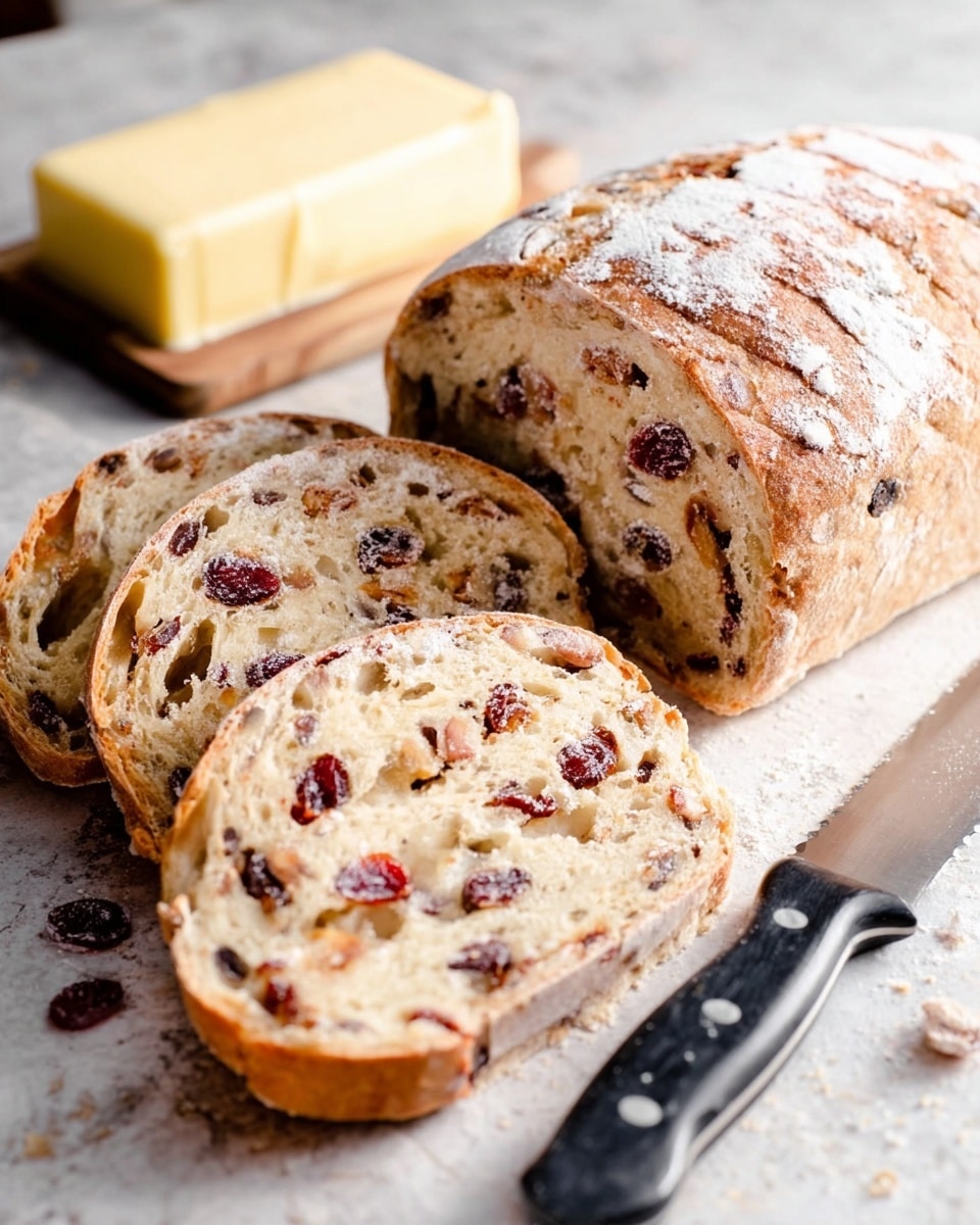 The image shows a loaf of fruity nut bread partially sliced with four visible slices fanned out in front of it. The bread has a light brown crust dusted with white flour, and the inside is a creamy beige color filled with dark red dried cranberries and light brown nut pieces scattered throughout. The bread rests on a white marbled textured surface. To the right, there is a serrated knife with a black handle lying flat next to the slices. In the background, there is a block of butter on a small wooden cutting board. Photo taken with an iphone --ar 4:5 --v 7