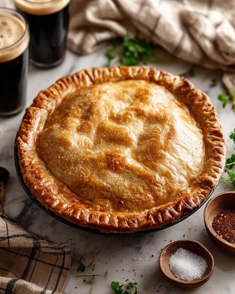 A golden brown pie with a flaky top crust and a crimped edge sits centered in a black pie dish on a white marbled surface. The top crust has a lightly uneven texture showing baked layers, with a slightly shiny finish suggesting an egg wash. Around the pie, there are small wooden bowls filled with coarse white salt, dark peppercorns, and reddish-brown spice powder. Fresh green herbs are placed near the bowls, and a folded checkered cloth rests nearby. In the background, two tall glasses of dark beer with creamy foam tops are visible, softly blurred. photo taken with an iphone --ar 4:5 --v 7