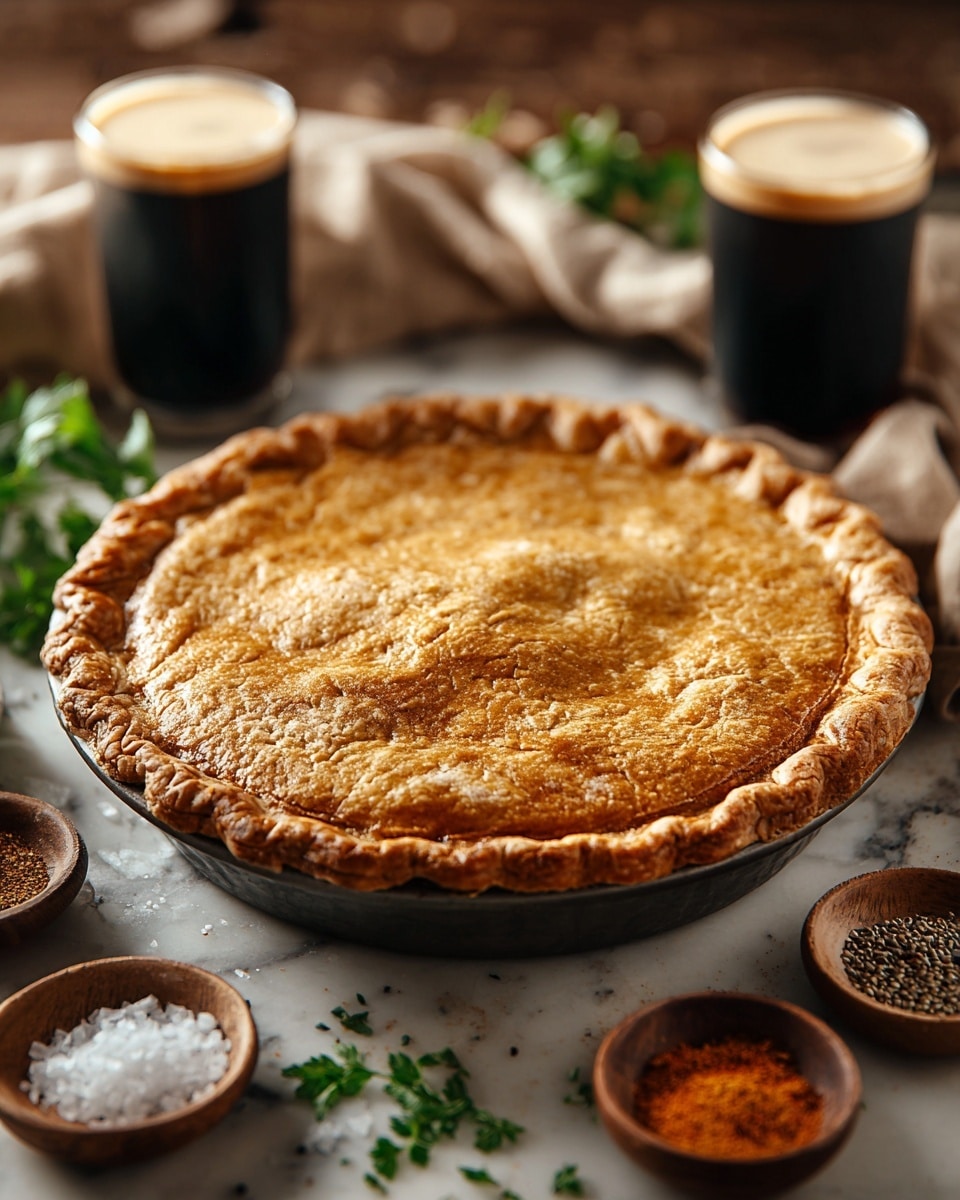 A golden brown pie with a thick crust sits in a dark pie pan, its top layer evenly baked and showing a slightly crinkled texture with a well-defined, ridged edge all around. The pie rests on a white marbled surface, surrounded by small wooden bowls containing coarse salt, black pepper, and a reddish spice, along with fresh green herbs scattered around. Two glasses of dark stout beer with creamy foam tops are placed blurred in the background on either side of the pie, adding depth to the scene. photo taken with an iphone --ar 4:5 --v 7