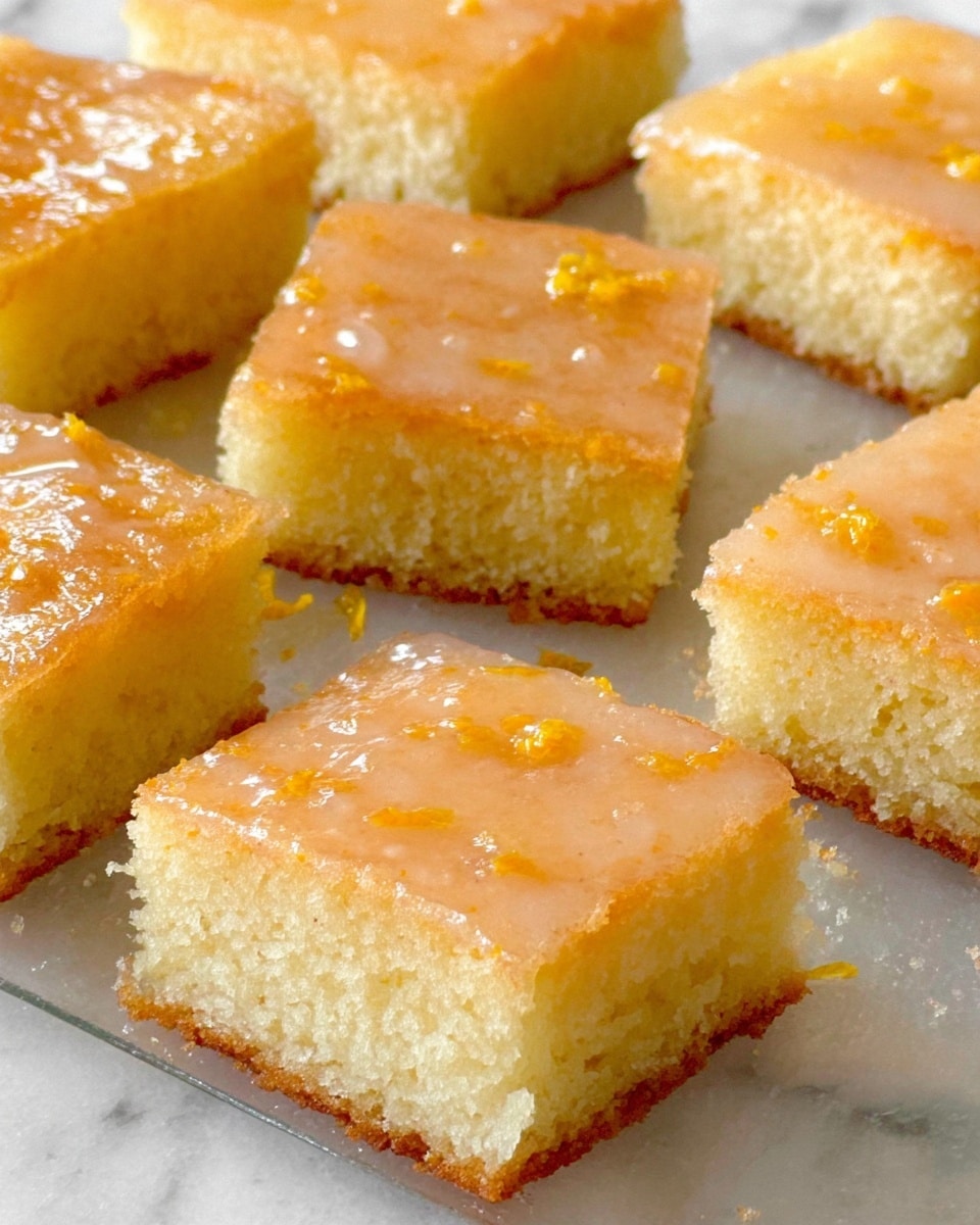 The image shows several square pieces of a soft, light yellow cake with a shiny glaze on top that has small orange specks. Each piece has two layers: a pale, moist cake base and a thin, glossy glaze layer that looks sticky and slightly translucent with tiny bits of orange zest. The pieces are placed closely together on a clear glass surface over a white marbled background. The texture of the cake looks tender and airy, while the top glaze is smooth and glossy, giving a fresh citrusy look. photo taken with an iphone --ar 4:5 --v 7