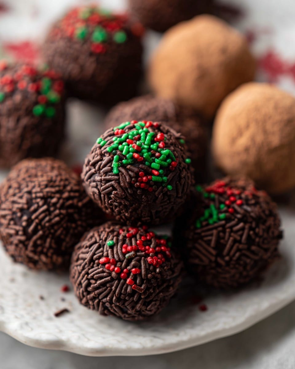 The image shows several small round chocolate balls placed closely together on a white plate over a white marbled surface. Most of the balls are covered with layers: the base is dark chocolate, coated with chocolate sprinkles giving them a rough texture and dark brown color, and some are decorated with small red and green round sprinkles adding bright spots on top. In the background, one ball is dusted with a lighter brown powder, giving it a smooth but matte finish. The colors are rich and vivid, and the focus is sharp on the front balls, with the others softly blurred behind. photo taken with an iphone --ar 4:5 --v 7