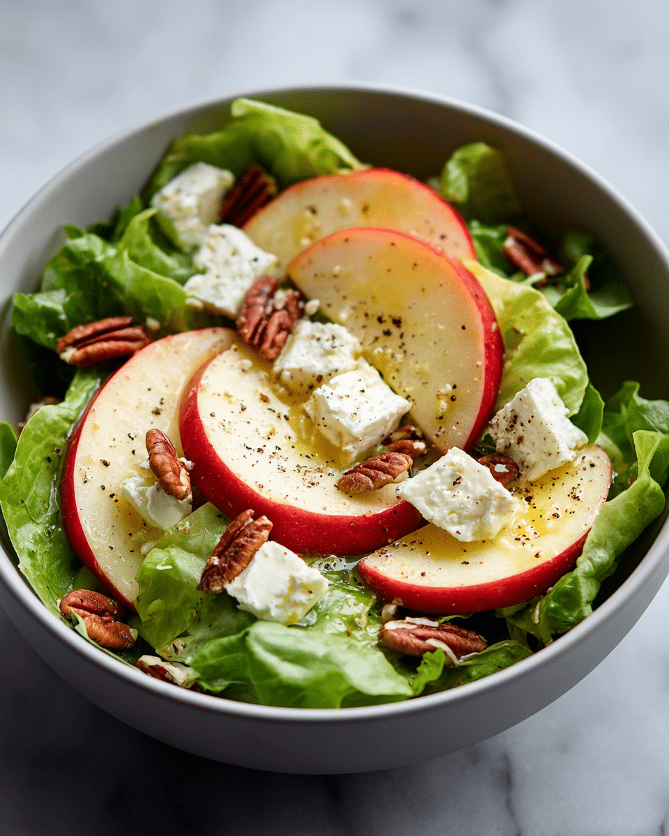 A bowl with fresh green lettuce leaves forms the base layer, topped with bright red apple slices arranged in a circular pattern. On top of the apples, there are small white chunks of crumbly cheese scattered evenly, along with whole pecans spread throughout. The whole dish is sprinkled with cracked black pepper and drizzled lightly with olive oil, giving a glossy look to the apple slices and cheese. The bowl is white, placed on a white marbled surface. photo taken with an iphone --ar 4:5 --v 7