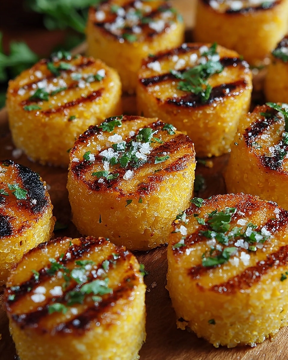 The image shows multiple small round cakes of grilled corn polenta arranged close together on a wooden surface. Each cake has two visible layers: the bottom layer is a soft, yellow, grainy texture of cooked corn polenta, while the top layer is a slightly crispy, golden brown crust with grill marks. The top of each cake is sprinkled with coarse salt flakes and small green herb pieces, likely parsley, adding a fresh green contrast. The wooden surface beneath adds warm tones and a rustic feel. photo taken with an iphone --ar 4:5 --v 7