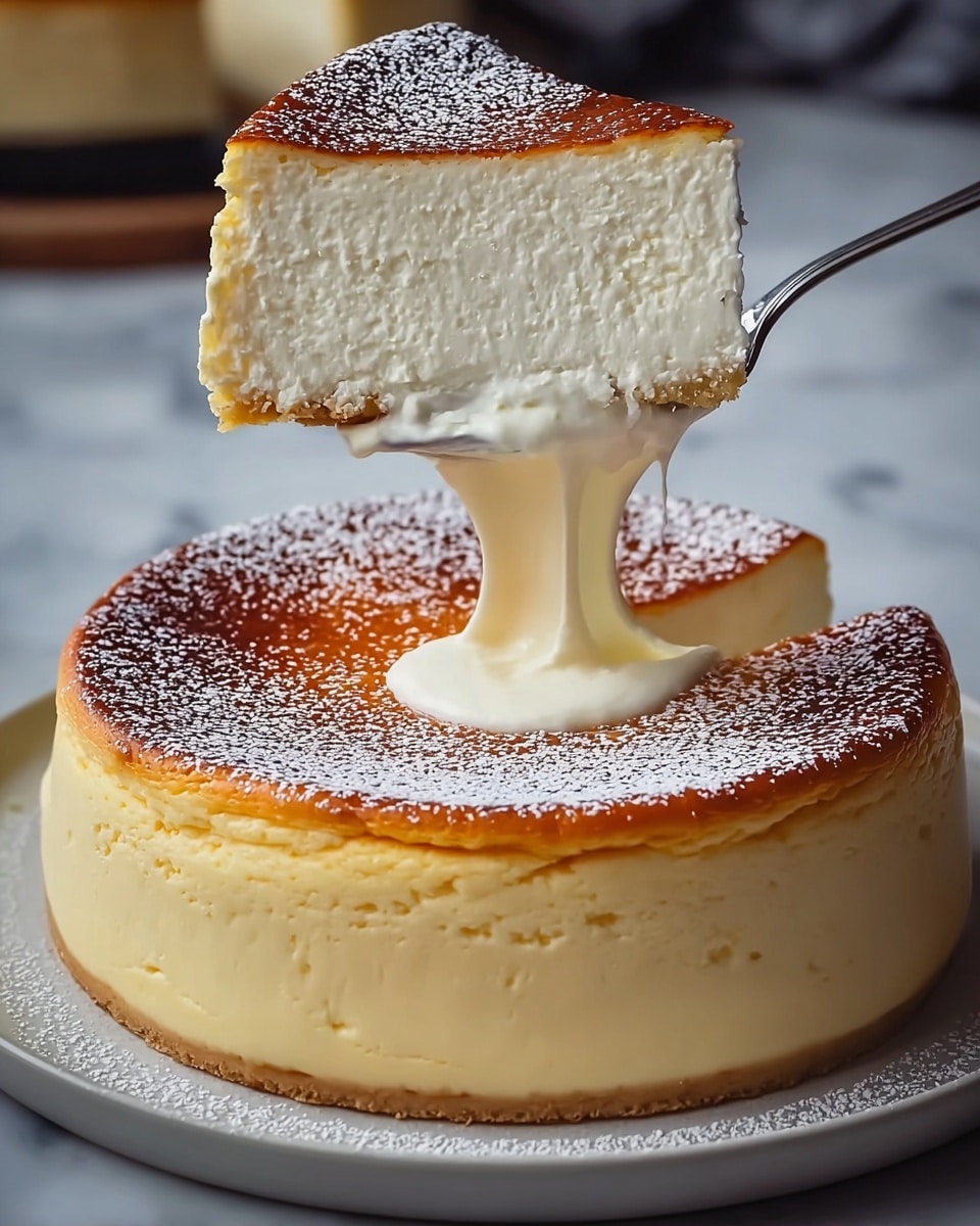 A creamy cheesecake is shown with three main layers: the top layer is a shiny, golden-brown baked surface with a smooth texture, dusted lightly with white powdered sugar; the middle layer is thick, soft, and white with a fluffy, rich cream texture; the bottom layer is a thin, crumbly light brown crust. A slice is being lifted above the rest of the cheesecake with a spoon, showing the soft cream dripping slowly down, while the remaining cheesecake sits on a white plate with powdered sugar around it, all placed on a white marbled surface. Photo taken with an iphone --ar 4:5 --v 7