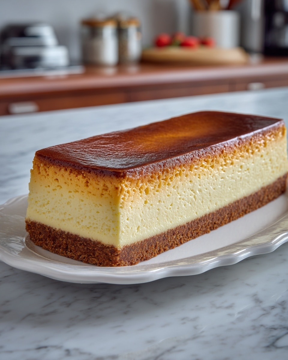A rectangular cheesecake with three visible layers sits on a white plate with a delicate gold trim, placed on a white marbled surface. The bottom layer is a thin, brown, crumbly crust. The middle layer is thick and creamy in pale yellow, smooth in texture and occupying most of the height. The top layer is a shiny, golden-brown caramelized surface, slightly uneven with a small notch taken out from the center front edge. The background is softly blurred with neutral tones, focusing attention on the cheesecake. Photo taken with an iphone --ar 4:5 --v 7
