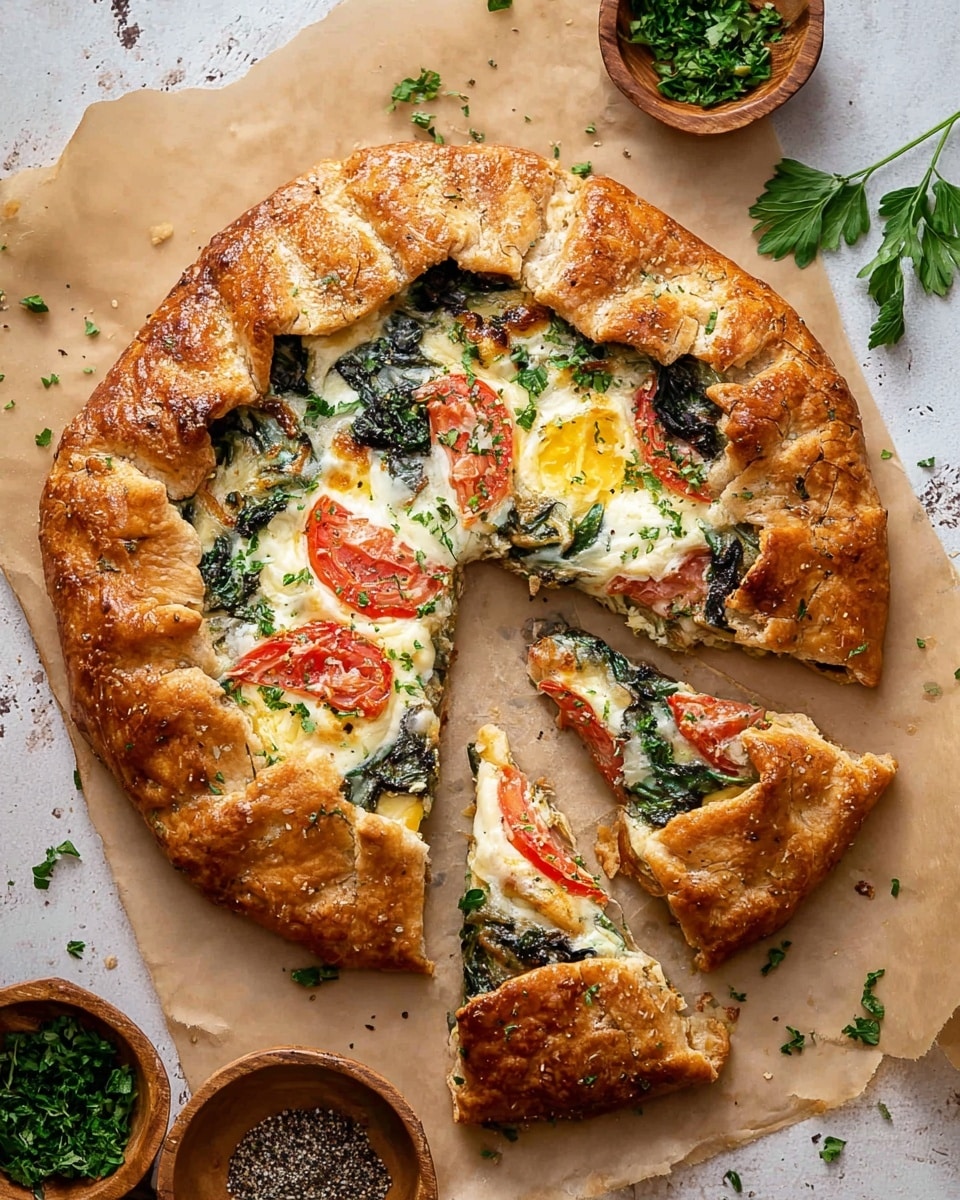 A golden brown rustic galette with a thick, uneven crust folded over the edges, enclosing a filling of melted white cheese that is bubbly and browned in spots, fresh tomato slices in bright red, and wilted dark green spinach leaves. The galette is cut into several slices with two slices separated and placed at the bottom, showing the flaky crust layers and the creamy, soft filling inside. The galette sits on a sheet of light brown parchment paper which is placed on a white marbled texture. Around the galette are small wooden bowls with chopped green herbs and black pepper, along with scattered sprigs of fresh parsley. photo taken with an iphone --ar 4:5 --v 7