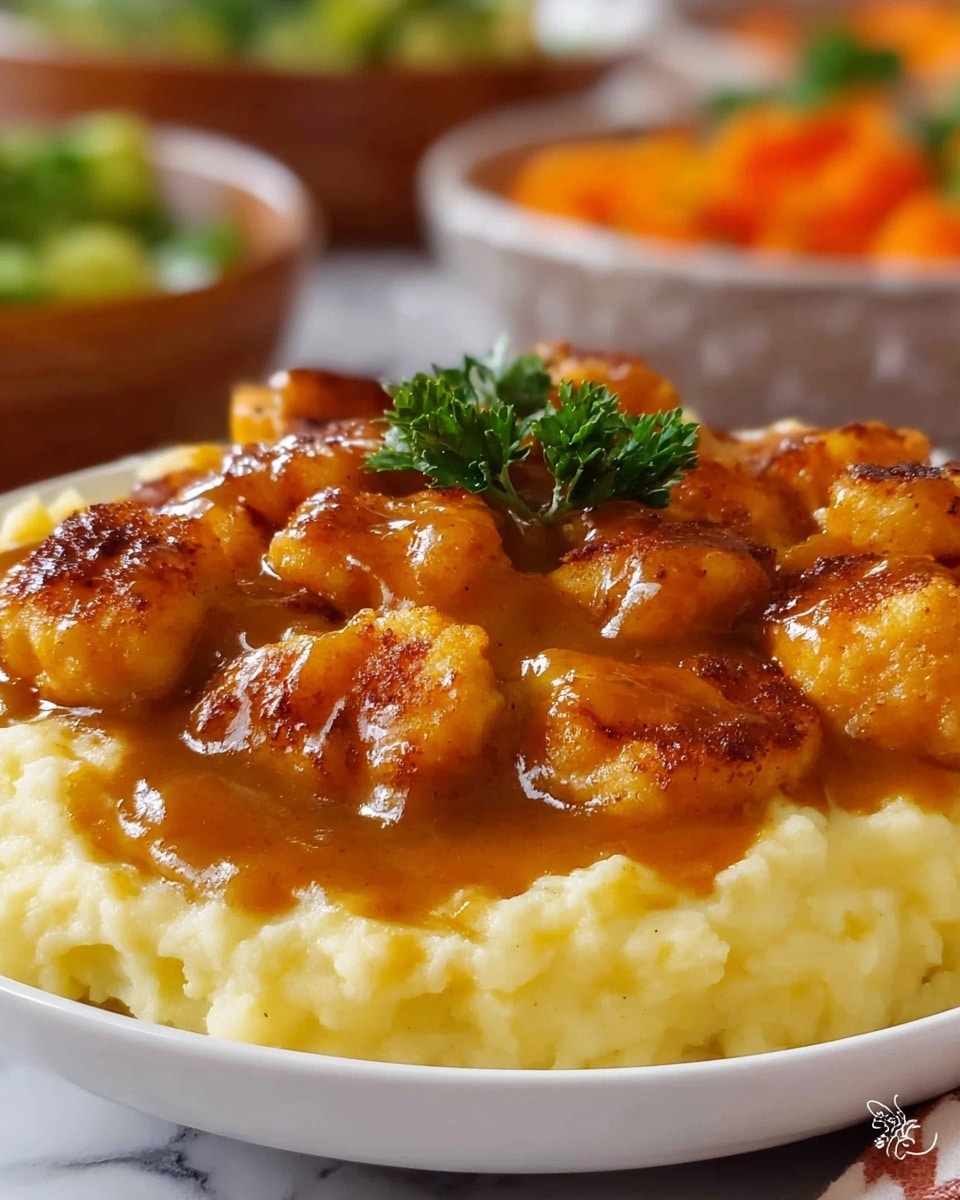 A close-up view of a white plate holding a soft, creamy layer of pale yellow mashed potatoes as the base. On top, there are many golden brown pieces of crispy chicken, coated in a rich, glossy brown gravy that pools slightly into the mashed layer below. A small sprig of green parsley decorates the center, adding a fresh contrast. The background shows blurred bowls filled with bright orange and green vegetables, all set on a white marbled surface. photo taken with an iphone --ar 4:5 --v 7