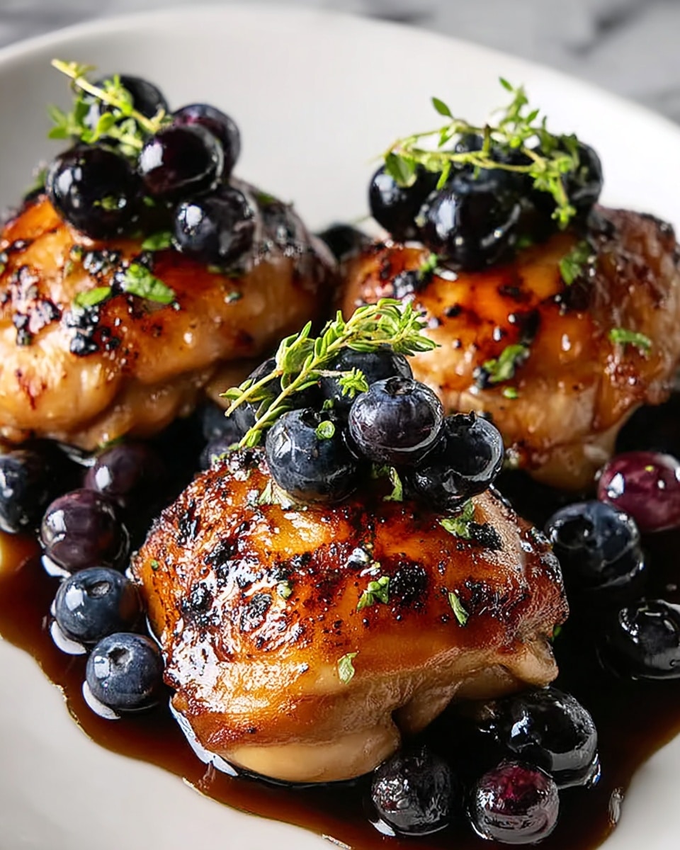 Three pieces of grilled chicken with a golden-brown, slightly charred surface covered in black pepper and spices are arranged on a white plate. Each chicken piece is topped with a few shiny, dark purple blueberries and small green herb sprigs. Around the chicken pieces on the plate, there are more blueberries sitting in a glossy, dark sauce that pools slightly on the white marbled texture beneath the plate. The close-up view shows the juicy texture of the chicken and the freshness of the blueberries, making the dish look rich and flavorful. Photo taken with an iphone --ar 4:5 --v 7