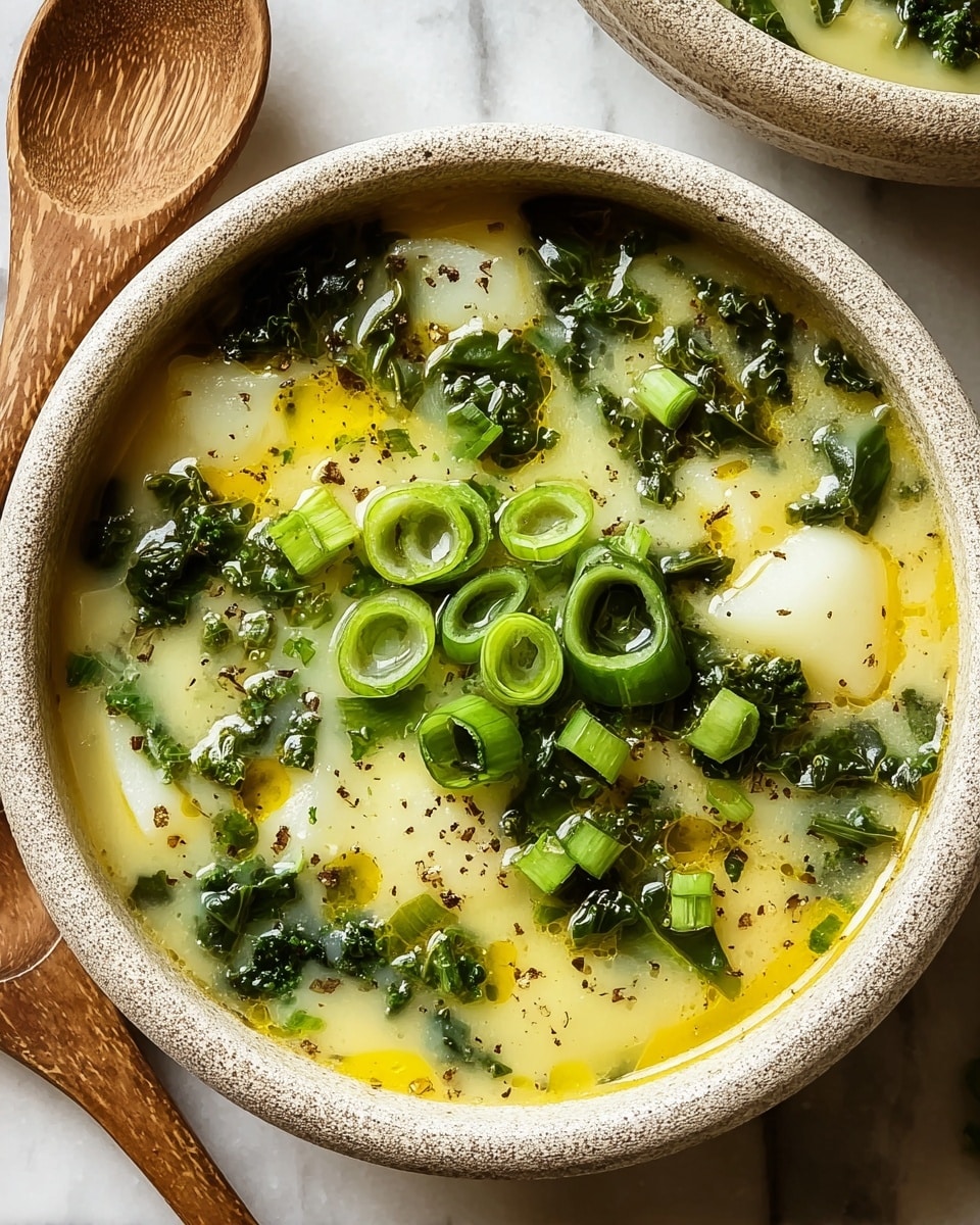 A close-up of a bowl of thick soup with three main layers visible: the creamy pale yellow broth as the base, scattered dark green kale leaves throughout, and small white potato chunks mixed evenly in the soup. On top are bright green round slices of scallions placed in the center, with some small chopped scallions spread around. There are drops of golden olive oil on the surface and specks of black pepper sprinkled over. The bowl is off-white ceramic with a rough texture, set on a white marbled surface with a wooden spoon nearby. photo taken with an iphone --ar 4:5 --v 7