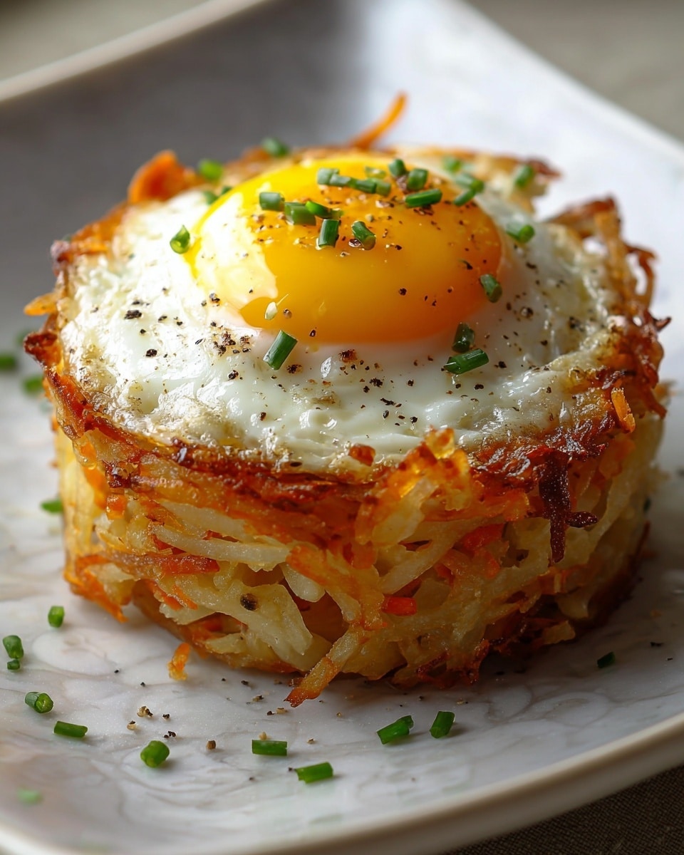 The dish is a round stack about three layers high, starting with a base of golden brown, crispy shredded potatoes mixed with bits of orange-colored vegetables or cheese, giving it a textured appearance. Above the crispy base, there is a layer of slightly melted white cheese, visible on the edges. The top layer is a perfectly cooked sunny-side-up egg with a bright yellow yolk, slightly glossy, centered and sprinkled with small green chive pieces and black pepper specks. The stack sits on a white plate with a subtle white marbled texture background visible around it. photo taken with an iphone --ar 4:5 --v 7