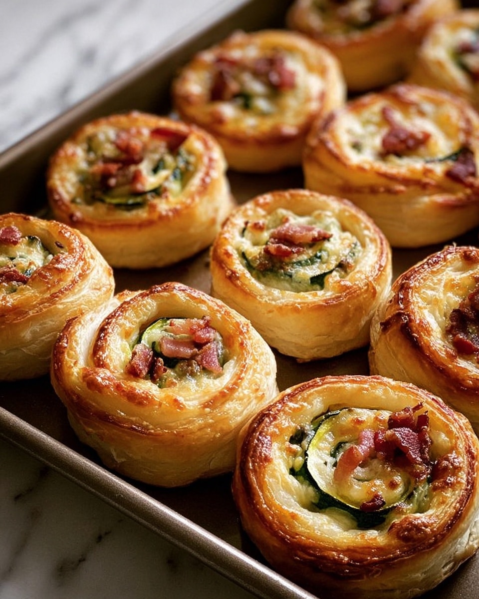 The image shows several baked puff pastry pinwheels on a baking tray, each with multiple layers of light golden brown, flaky pastry forming the outer rings. Inside each swirl, there is a visible green layer of zucchini slices, topped with small bits of browned bacon and melted, creamy white cheese that looks slightly bubbly and glossy. The pastries have a slightly crisp, shiny finish with some darker baked spots. The baking tray rests on a white marbled surface. Photo taken with an iphone --ar 4:5 --v 7