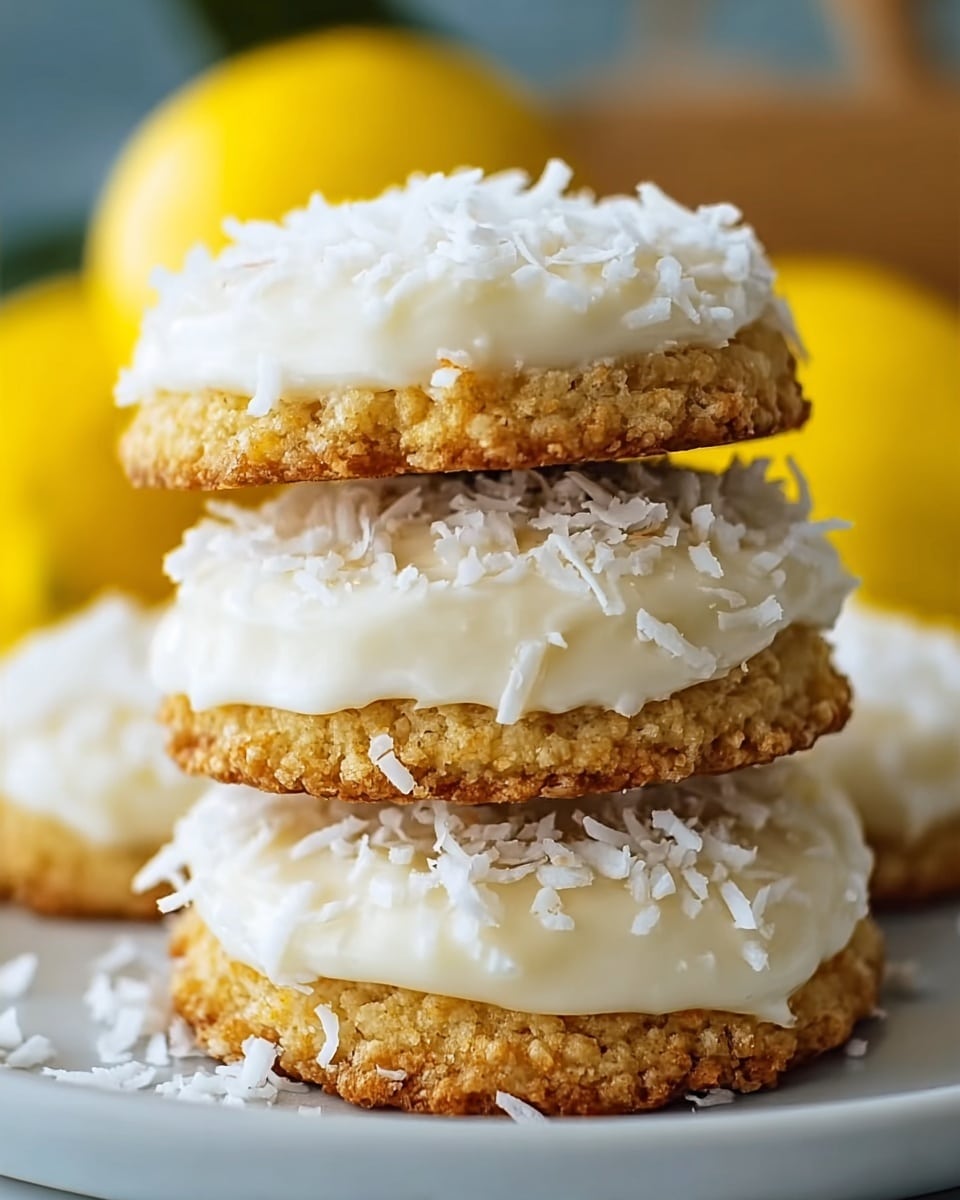 A stack of four round cookies with a crumbly golden-brown base, each topped with a thick, creamy white layer of frosting, sprinkled generously with shredded white coconut. The cookies are arranged close together on a white plate, with a white marbled surface in the background, and bright yellow blurred fruit in the distant background. The texture of the topping looks soft and smooth, contrasting with the rough, crumbly cookie base. photo taken with an iphone --ar 4:5 --v 7
