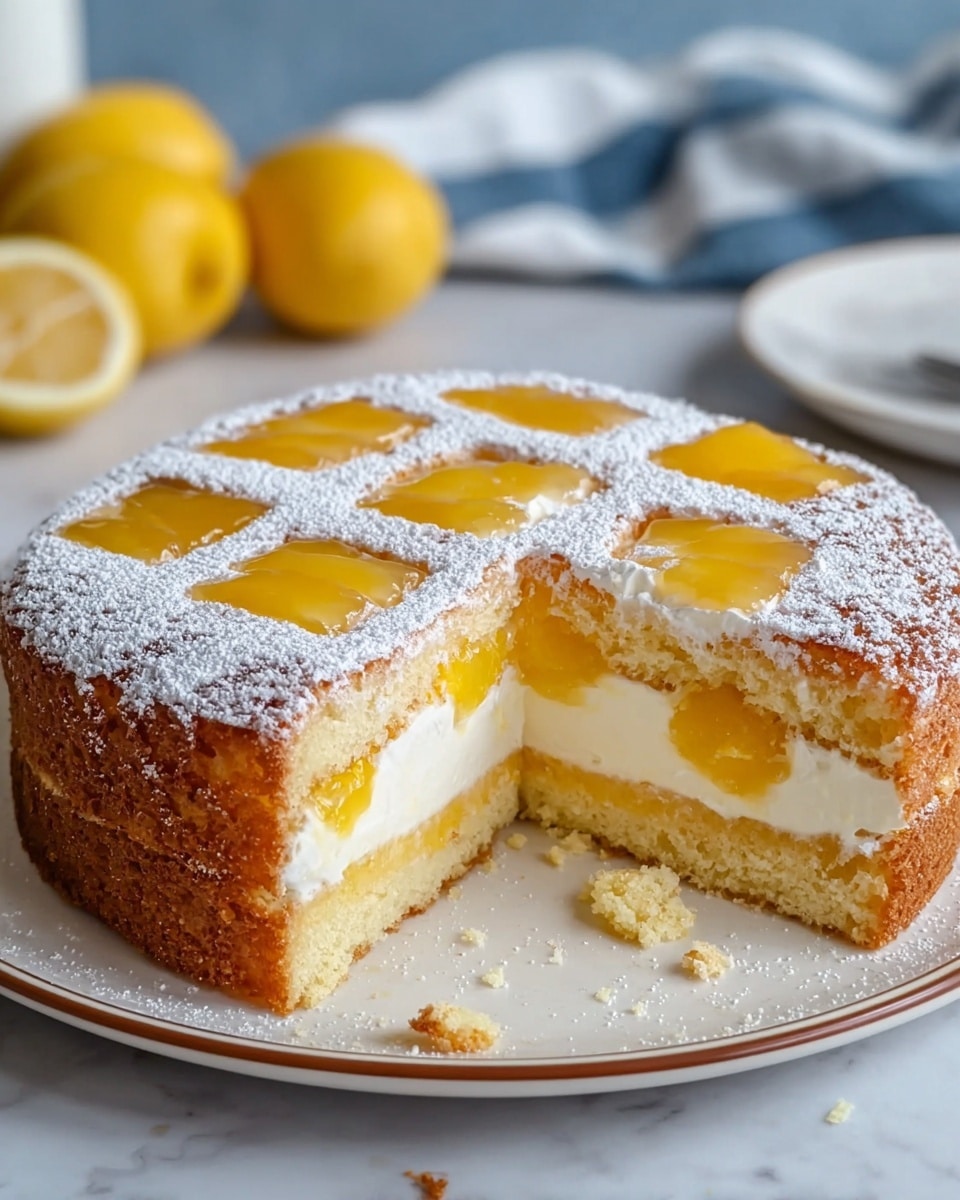 The image shows a round cake on a white plate with a thin brown edge, placed on a white marbled surface. The cake has three visible layers: the bottom layer is a golden-brown soft sponge cake, the middle layer is a thick creamy white filling, and the top layer is a golden sponge cake with cut-out square shapes filled with shiny yellow lemon curd. The top surface of the cake is dusted lightly with white powdered sugar, adding a soft texture contrast to the glossy lemon curd. There are a few crumbs around the cake on the plate, suggesting a piece has been cut out. The background includes blurred lemons and a white and blue cloth. Photo taken with an iphone --ar 4:5 --v 7