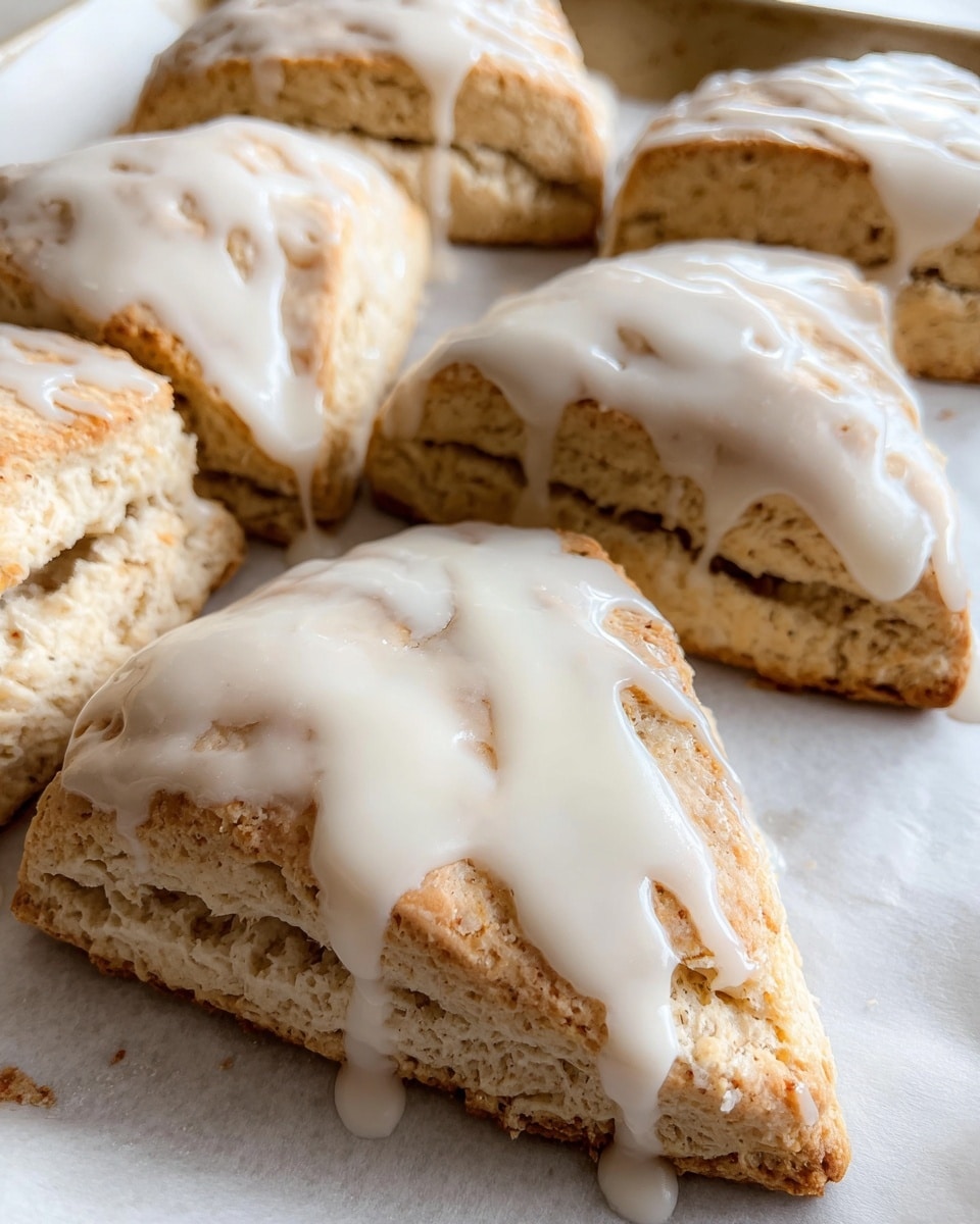 The image shows several triangular scones arranged closely together on white parchment paper resting on a baking tray. Each scone has two layers of a light golden-brown baked dough with a slightly crumbly texture. The top layer is generously covered with a thick, glossy white icing that drips softly over the edges, creating a smooth contrast against the rough surface of the scones. The scones appear warm and fresh out of the oven, with a few visible cracks in the dough adding to their rustic look. The background has a white marbled texture. photo taken with an iphone --ar 4:5 --v 7