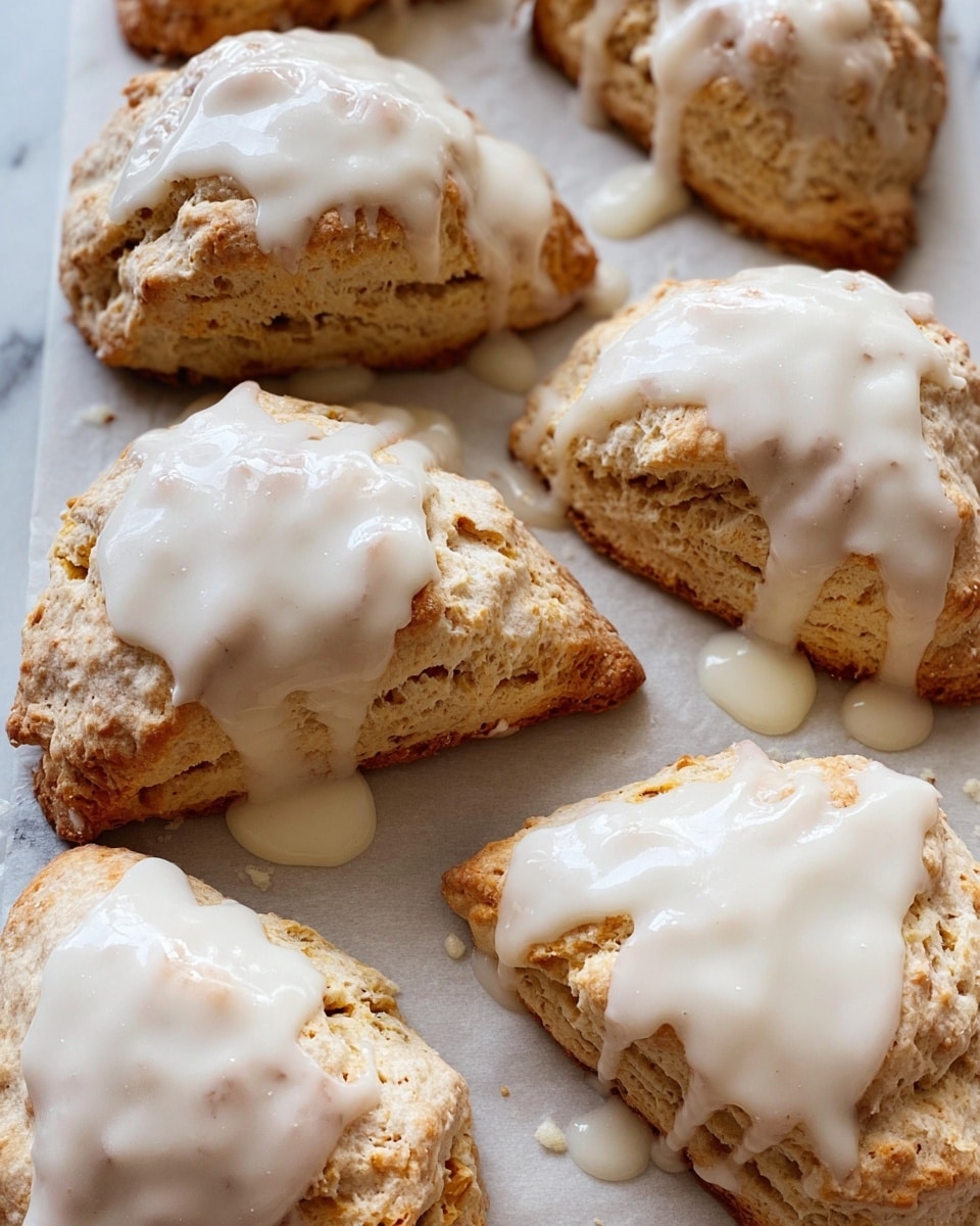 A close-up view of several freshly baked scones arranged on a baking sheet lined with parchment paper, each scone is light brown with a slightly rough and crumbly texture, and they are generously covered with a thick, smooth layer of white glaze icing that drips and spreads unevenly over the tops and sides. The scones have a soft but firm look, with visible cracks and a golden-brown edge. The background surface is a white marbled texture. photo taken with an iphone --ar 4:5 --v 7