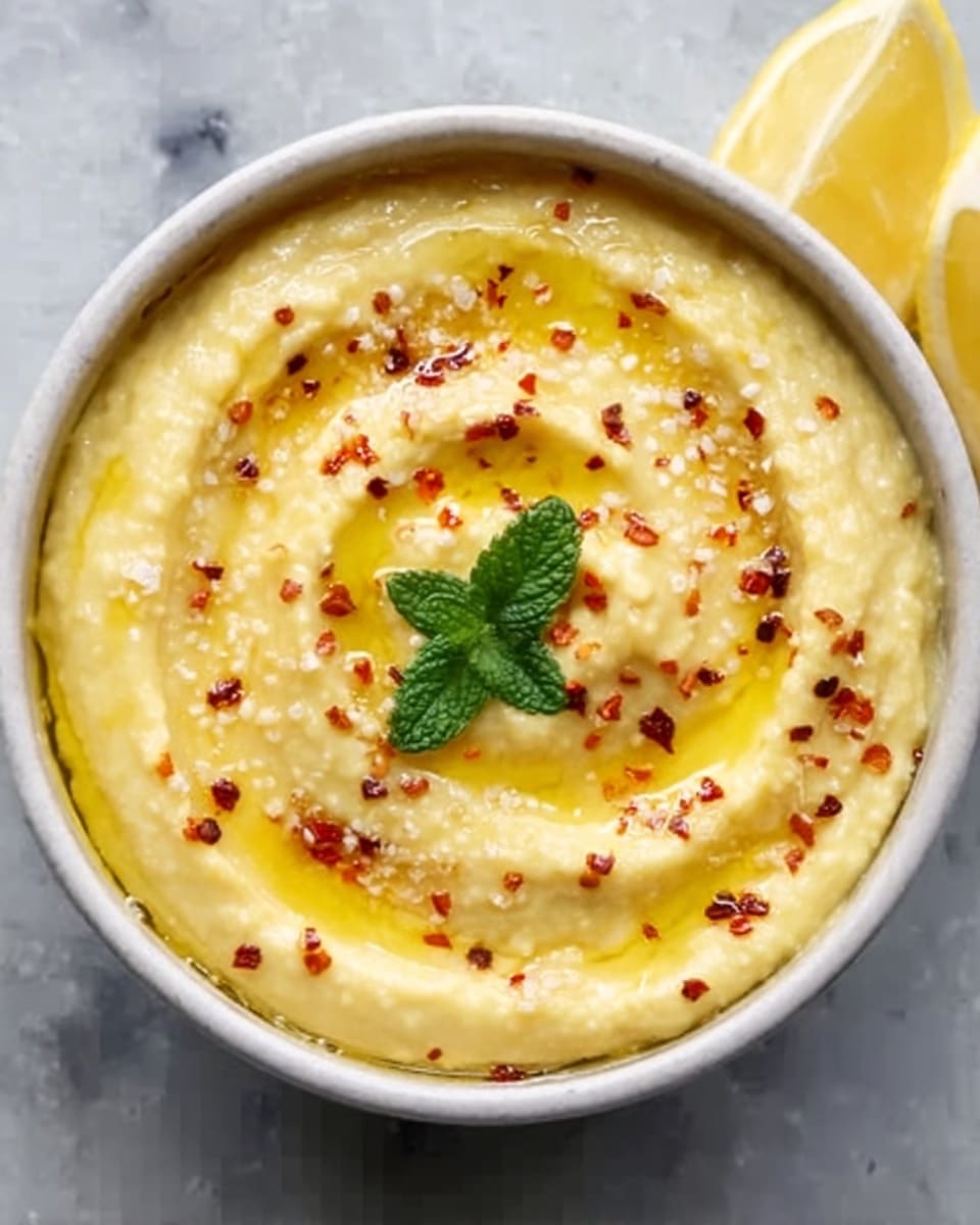 A white bowl filled with creamy light yellow hummus, swirled smoothly on top, with a drizzle of golden olive oil pooling in the center. There are small red chili flakes scattered evenly over the surface, along with a sprinkle of coarse salt. A small green mint leaf rests carefully in the center as a garnish. The bowl is placed on a white marbled textured surface. Photo taken with an iphone --ar 4:5 --v 7