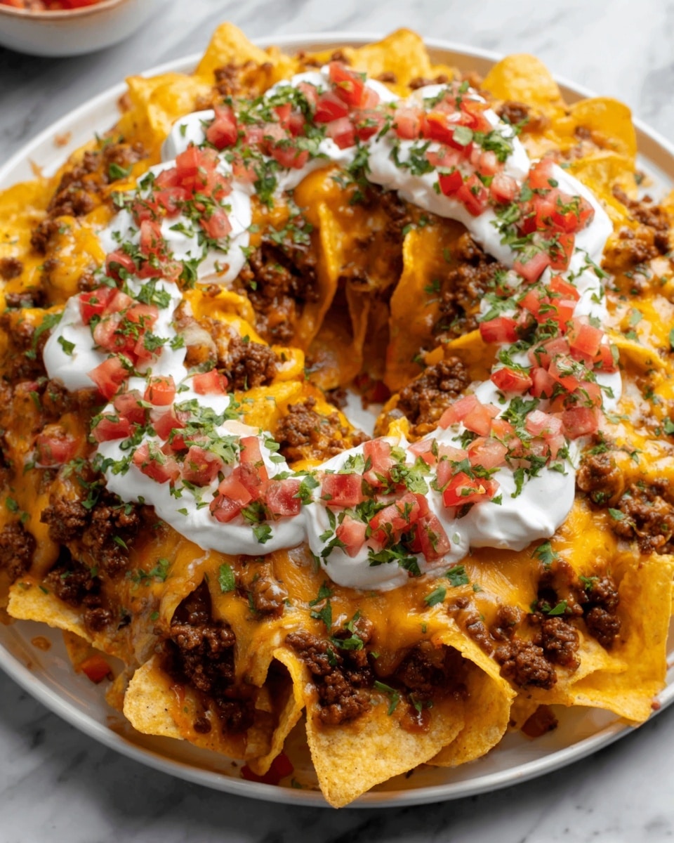 A white round plate holds a large ring of tortilla chips that form a crown shape. The chips are covered with melted orange cheddar cheese and cooked ground beef layered evenly over them. On top, there is a thick layer of white sour cream spread in dollops, and it is sprinkled with small pieces of red diced tomatoes and green chopped herbs. The plate sits on a white marbled surface. photo taken with an iphone --ar 4:5 --v 7