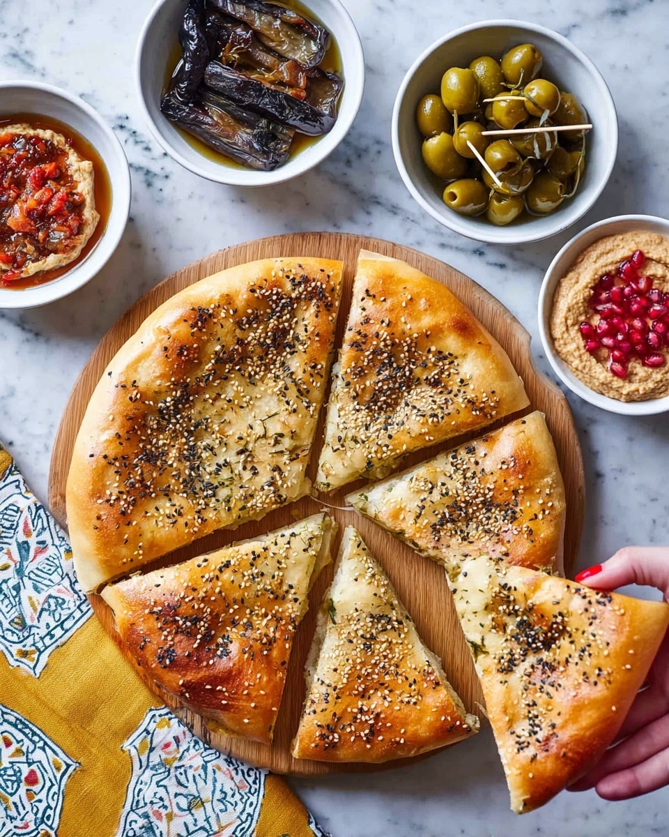 A round, golden-brown flatbread is cut into eight triangular slices, with one slice being held by a woman's hand with red nail polish. The flatbread has a slightly thick crust and a shiny surface sprinkled with black and white sesame seeds. Around the bread, there are three white bowls: one with dark olives in oil, another with an eggplant and tomato mix, and the last with a light brown spread topped with red pomegranate seeds. Another bowl contains green olives with toothpicks. Everything is placed on a white marbled surface, with part of a yellow, white, and blue patterned cloth visible at the corner. photo taken with an iphone --ar 4:5 --v 7