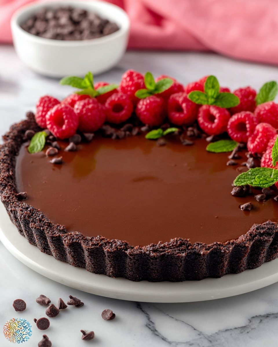 A chocolate tart with two main layers is shown: the bottom layer is a dark, crumbly chocolate crust that holds the smooth, glossy milk chocolate filling on top. The tart is sliced into three pieces with a few more left, and on the right side, it is decorated with a line of fresh red raspberries, bright green mint leaves, and small dark chocolate chips scattered in between. The tart sits on a white plate placed on a white marbled surface with a pink cloth visible in the background. photo taken with an iphone --ar 4:5 --v 7