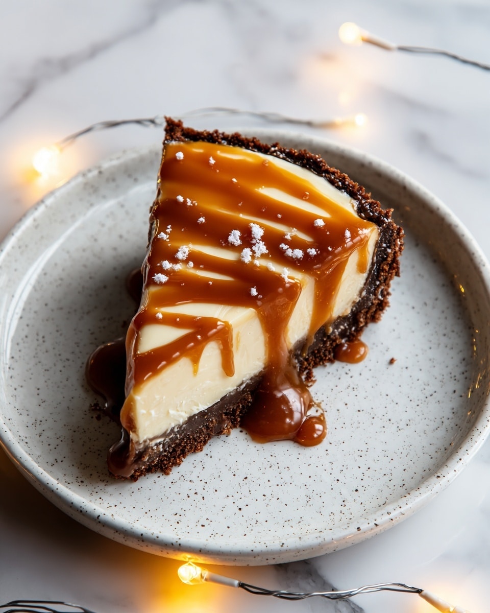 A single slice of pie with three layers sits on a white speckled plate on a white marbled surface. The bottom layer is a dark brown crumb crust with a rough texture, firmly holding the pie. Above it is a thick, smooth cream layer colored light beige, topped with a thick layer of shiny caramel sauce in a rich brown shade, swirled across the top and dripping onto the plate with a few small white bits sprinkled over the caramel. A string of small warm-yellow fairy lights surrounds the plate, adding a cozy glow to the scene. photo taken with an iphone --ar 4:5 --v 7