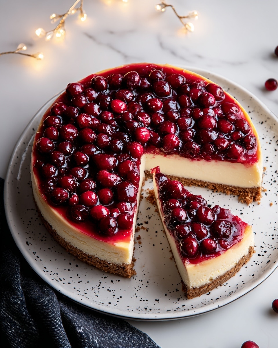 A round cheesecake with a thick brown crumb crust forms the bottom layer, topped by a smooth light cream cheese layer. Above this is a glossy dark red berry topping packed with whole shiny cranberries spread evenly over the surface. A wedge slice is cut out, revealing the layers clearly. It sits on a white plate with small black speckles, placed on a white marbled surface, next to warm yellow fairy lights and a dark cloth. photo taken with an iphone --ar 4:5 --v 7