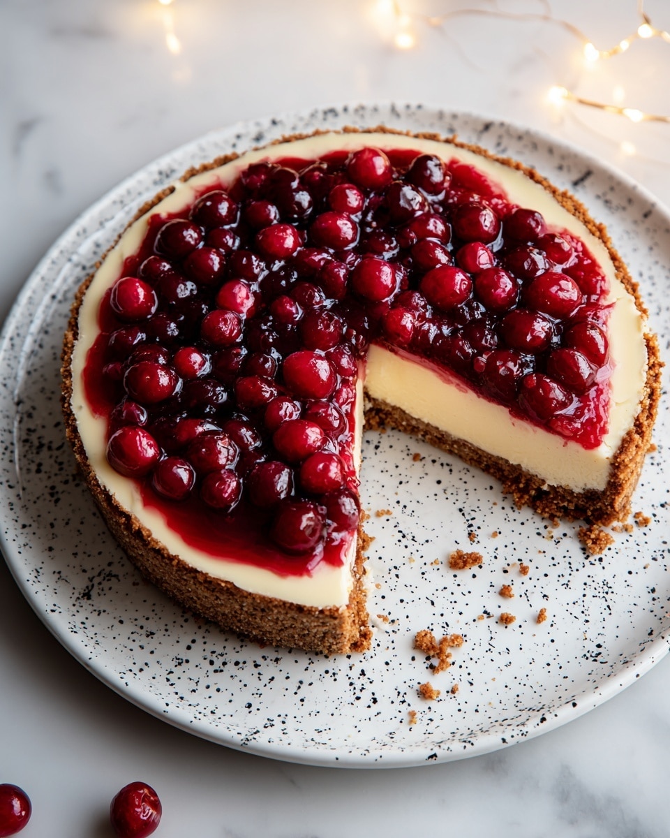 A round tart with three visible layers is shown on a white plate with black speckles. The bottom layer is a crumbly brown crust that forms a thick base and edges. Above it is a smooth, pale yellow creamy layer covering the whole tart. The top layer consists of a glossy, deep red berry topping with whole bright red berries spread evenly across the surface. A triangular slice is cut out, revealing the layers clearly and some crumbs scattered on the plate. The tart sits on a white marbled surface with warm fairy lights glowing softly around it. photo taken with an iphone --ar 4:5 --v 7