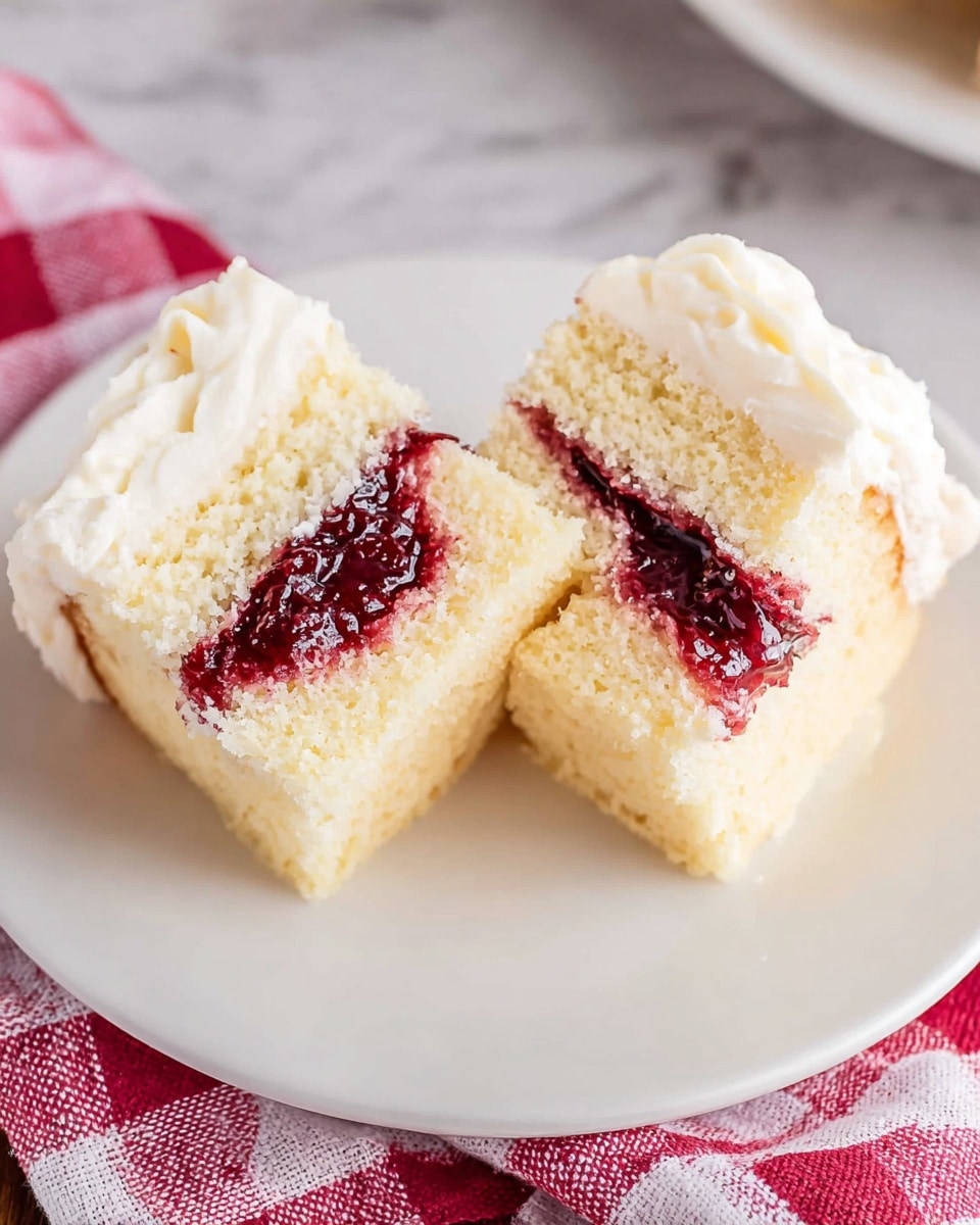Two square pieces of light yellow sponge cake with a soft texture are placed inside each other on a white plate. Each piece has a thick layer of white creamy frosting on top and a visible layer of dark red berry jam filling in the middle, giving a nice contrast to the pale cake. The plate rests on a white marbled textured surface with a red and white checkered cloth on the side. Photo taken with an iphone --ar 4:5 --v 7