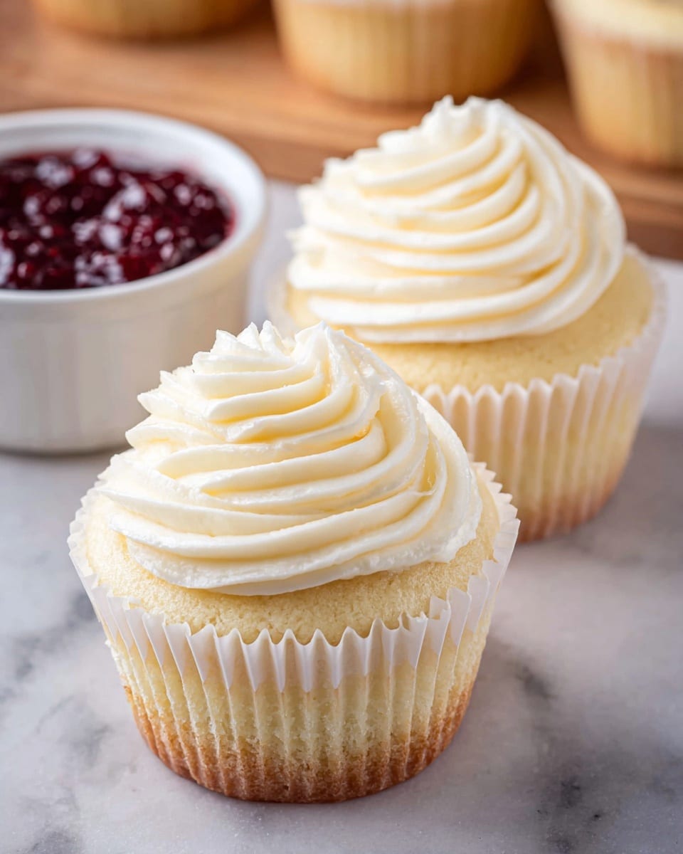 The image shows two light golden vanilla cupcakes with two layers: the bottom layer is a soft, pale yellow sponge cake wrapped in white paper liners and the top layer is thick, white buttercream frosting piped in a spiral pattern that peaks in the center. Behind them, there is a white ramekin filled with a dark red jam, all set on a white marbled texture. Photo taken with an iphone --ar 4:5 --v 7