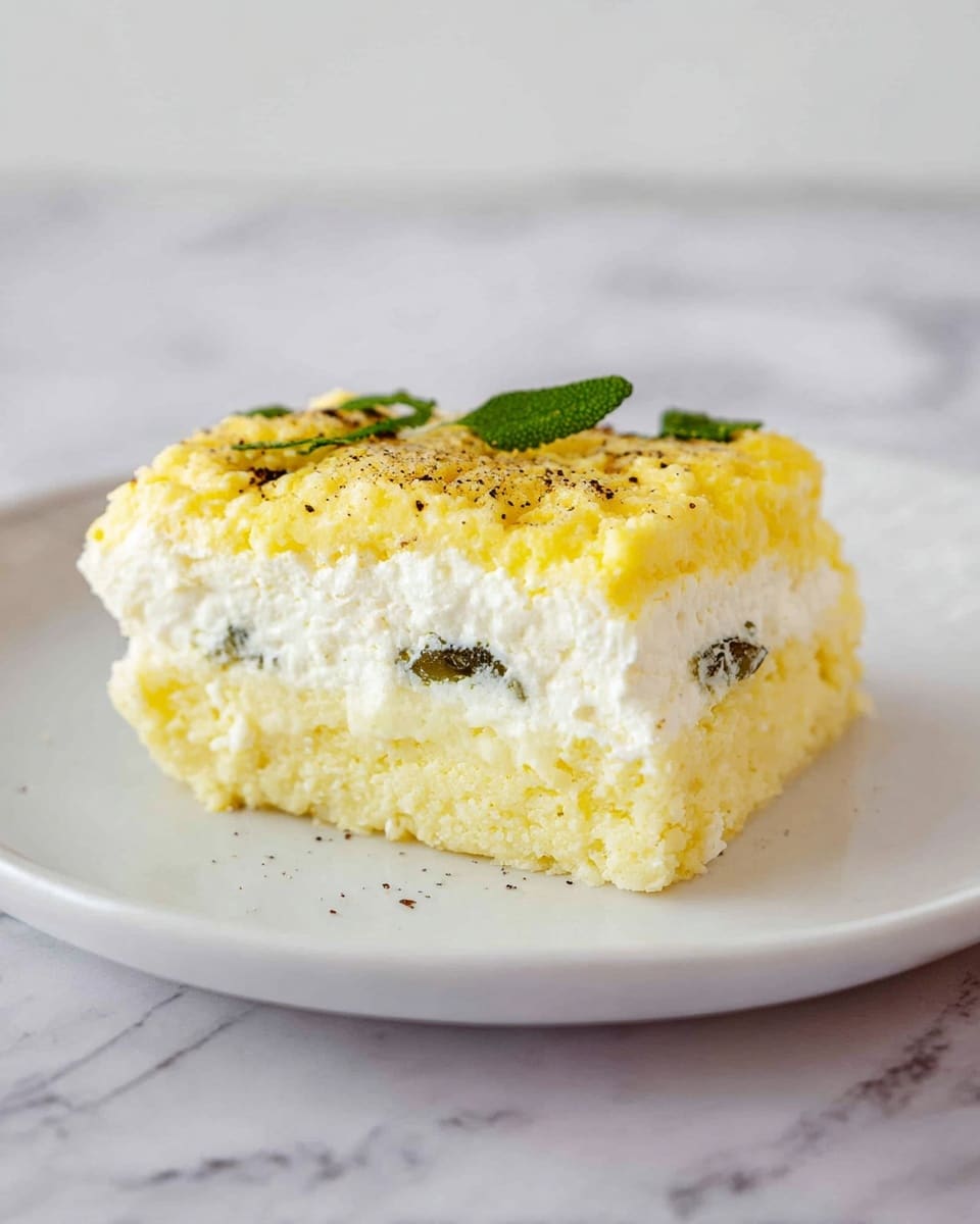 The image shows a square piece of layered food with a soft, crumbly texture, placed near the edge of a white plate on a white marbled surface. The dish has three distinct layers: the bottom layer is a pale yellow with a slightly coarse texture, the middle layer is thick and white with small green leaves embedded inside, and the top layer is brighter yellow, appearing fluffy and slightly grainy. Small green herb bits and black specks of pepper are sprinkled on top. Photo taken with an iphone --ar 4:5 --v 7