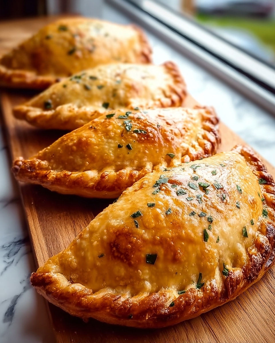 Four golden brown empanadas lie diagonally on a wooden board, with the closest one in sharp focus and the others fading softly into the background. Each empanada is semi-circular, showing a crimped edge that is darker and crispier, with small green herb pieces sprinkled on top. The surface has a shiny, slightly oily texture with a few darker brown spots and a smooth, slightly puffy crust. The setting is near a window with blurred outdoors visible, and the board rests on a white marbled surface. photo taken with an iphone --ar 4:5 --v 7