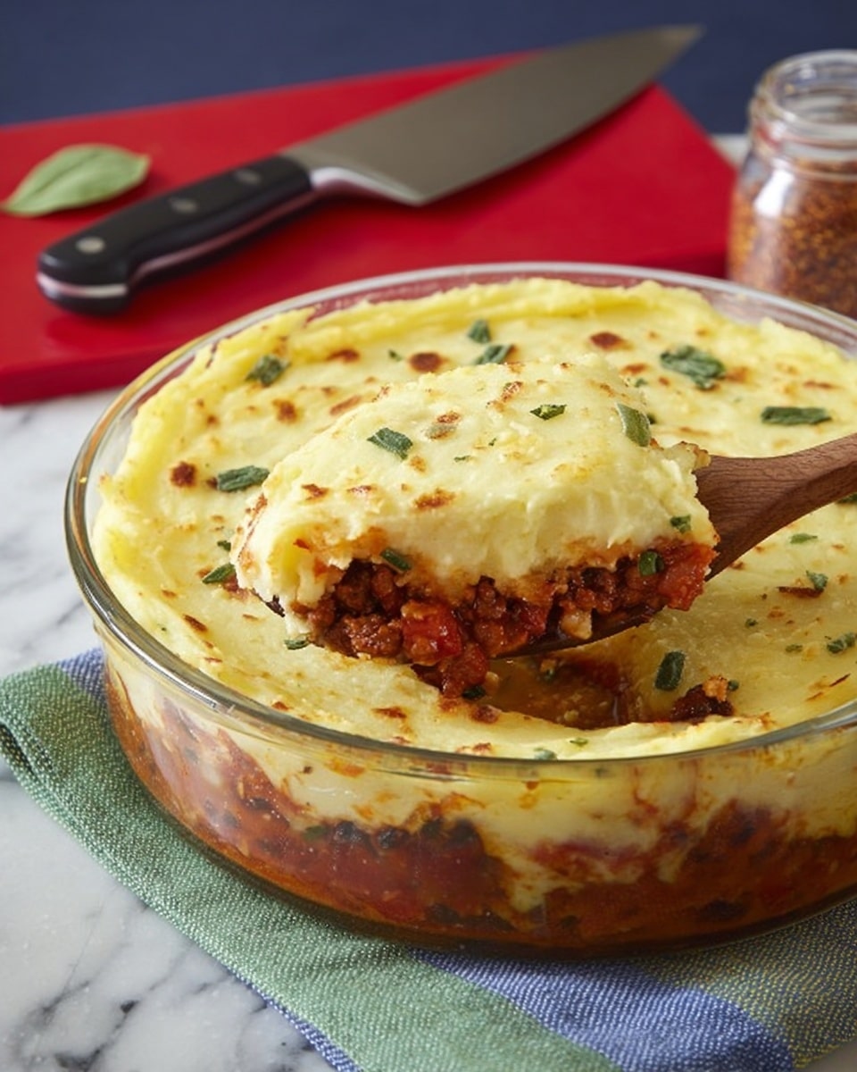 A round clear glass dish shows a layered casserole with a golden-yellow mashed potato top layer that is lightly browned in spots, sprinkled with small green herb pieces. Below this creamy top, a thick layer of chunky, reddish-brown meat sauce with visible bits of vegetables is seen. A wooden spatula is scooping a portion from the dish's right side, revealing the layers clearly against a white marbled surface. In the background, a white jar with red spice, a green leaf, and a large black knife lie on a red cutting board. The dish sits on a blue and green striped cloth. Photo taken with an iphone --ar 4:5 --v 7