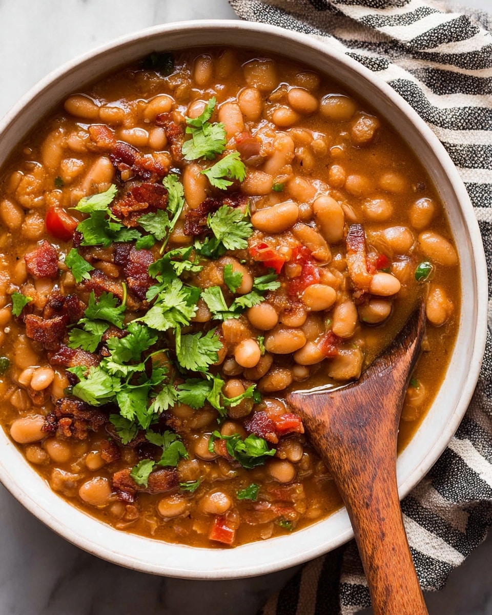 A close-up view of a dark bowl filled with three layers of food: the bottom layer is a thick brown bean stew with visible white beans, the middle layer has small pieces of cooked bacon and finely chopped onions, and the top layer features fresh chopped tomato and bright green cilantro leaves. A wooden spoon rests inside the bowl, partially submerged in the stew. Around the bowl are a sliced lime half, a green jalapeno pepper, and a white and gray striped cloth napkin, all placed on a white marbled surface. photo taken with an iphone --ar 4:5 --v 7